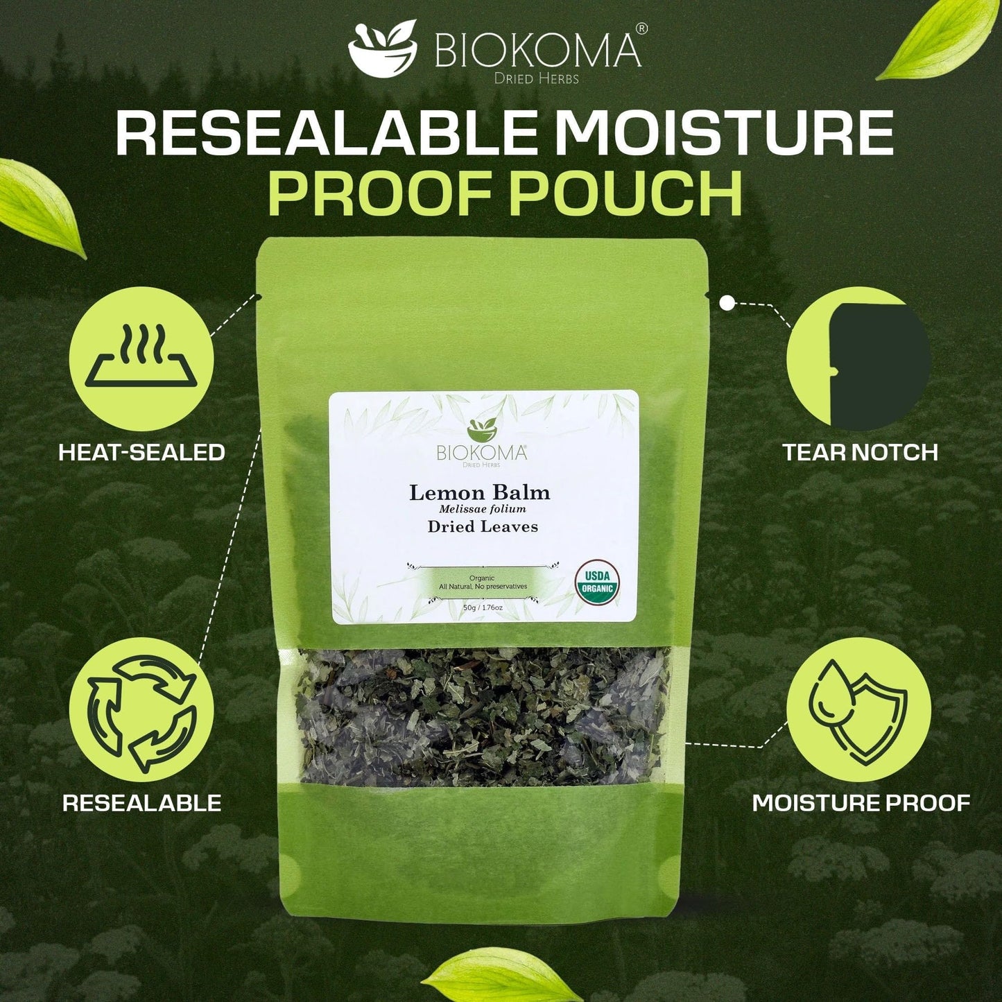 Biokoma Organic Lemon Balm Dried Leaves 50g 1.76oz Melissa Officinalis Loose Herb Calming Relaxing Sleep Digestive Support USDA Organic Herbal Tea