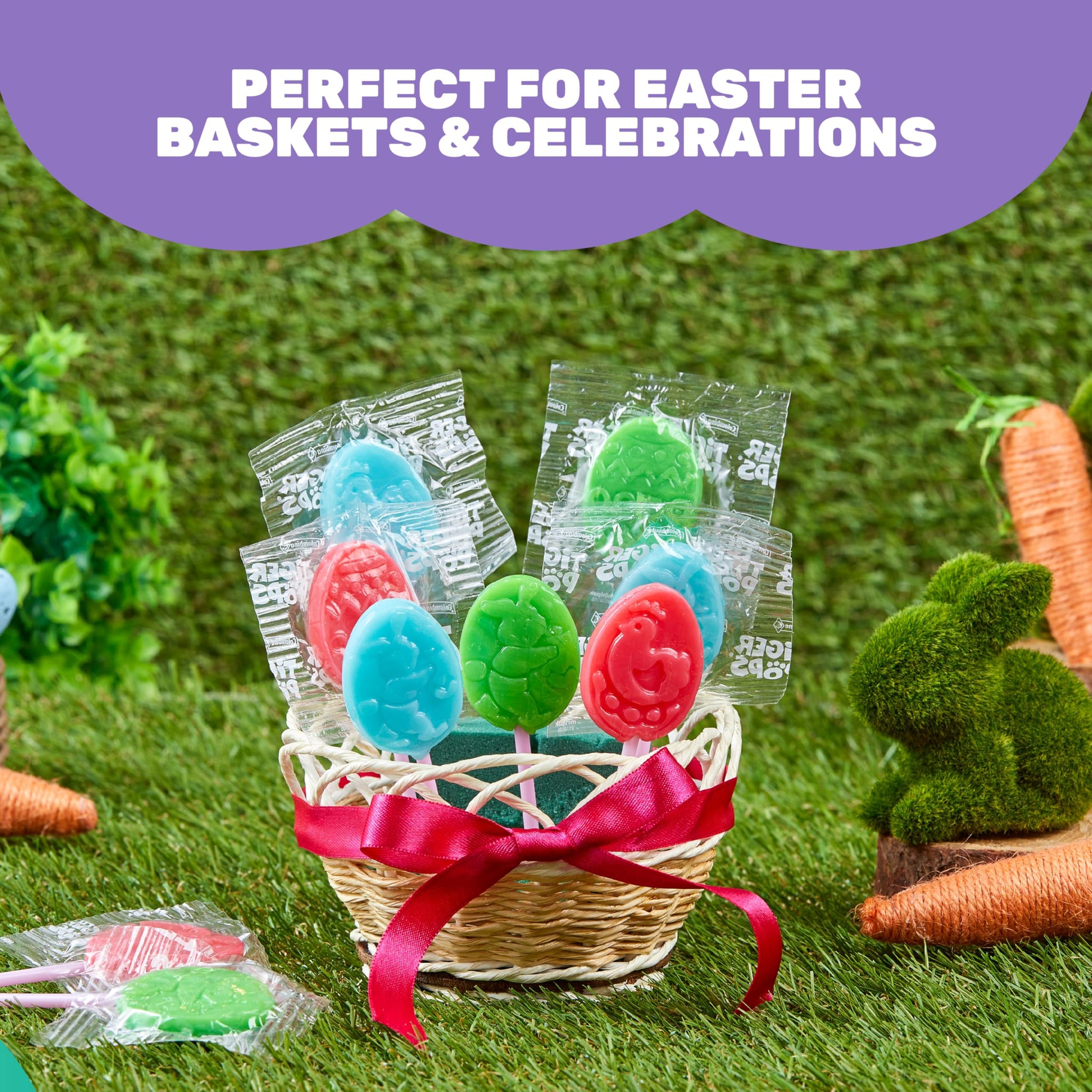 Colombina Tiger Easter Pops, Cherry, Blue Raspberry, and Watermelon Flavored, Individually Wrapped, Ideal for Easter Baskets or Eggfillers, 7oz (Pack