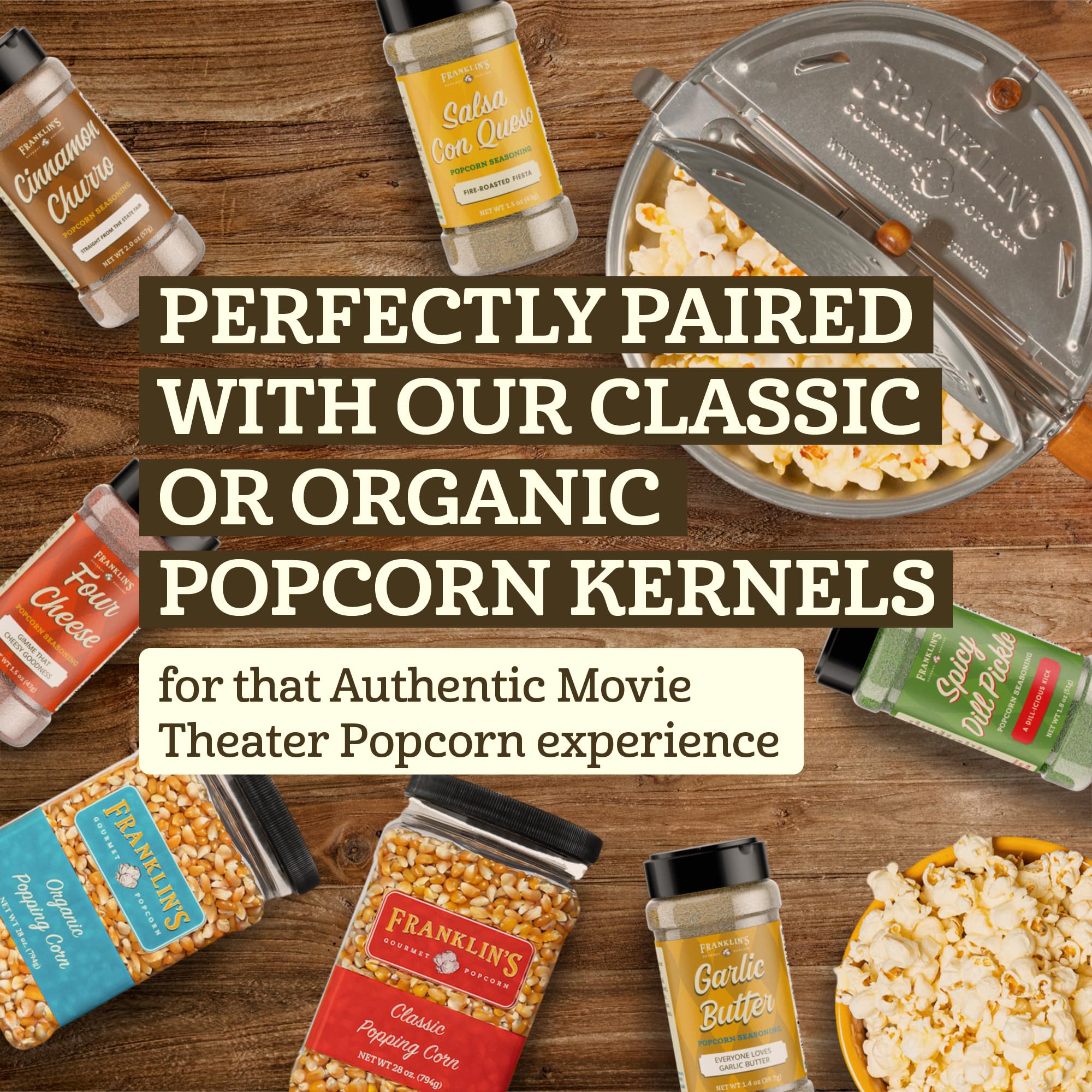 Franklin's Gourmet Popcorn Seasoning Powder Variety Pack in 5 Flavors - Made in USA - Dill, Garlic, Cheese & Cinnamon Popcorn Flavoring Seasoning Set