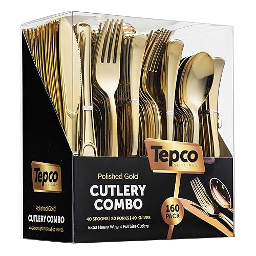 160 Silverware Set - Disposable Flatware - 80 Plastic Forks, 40 Plastic Spoons, 40 Cutlery Knives - Heavy Duty for Party Bulk Pack (Gold)
