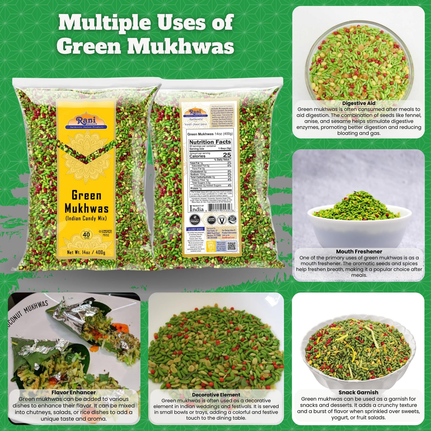 Rani Green Mukhwas (Special Digestive Treat) 14oz (400g) ~ Vegan | Indian Candy Mouth Freshener | Kosher