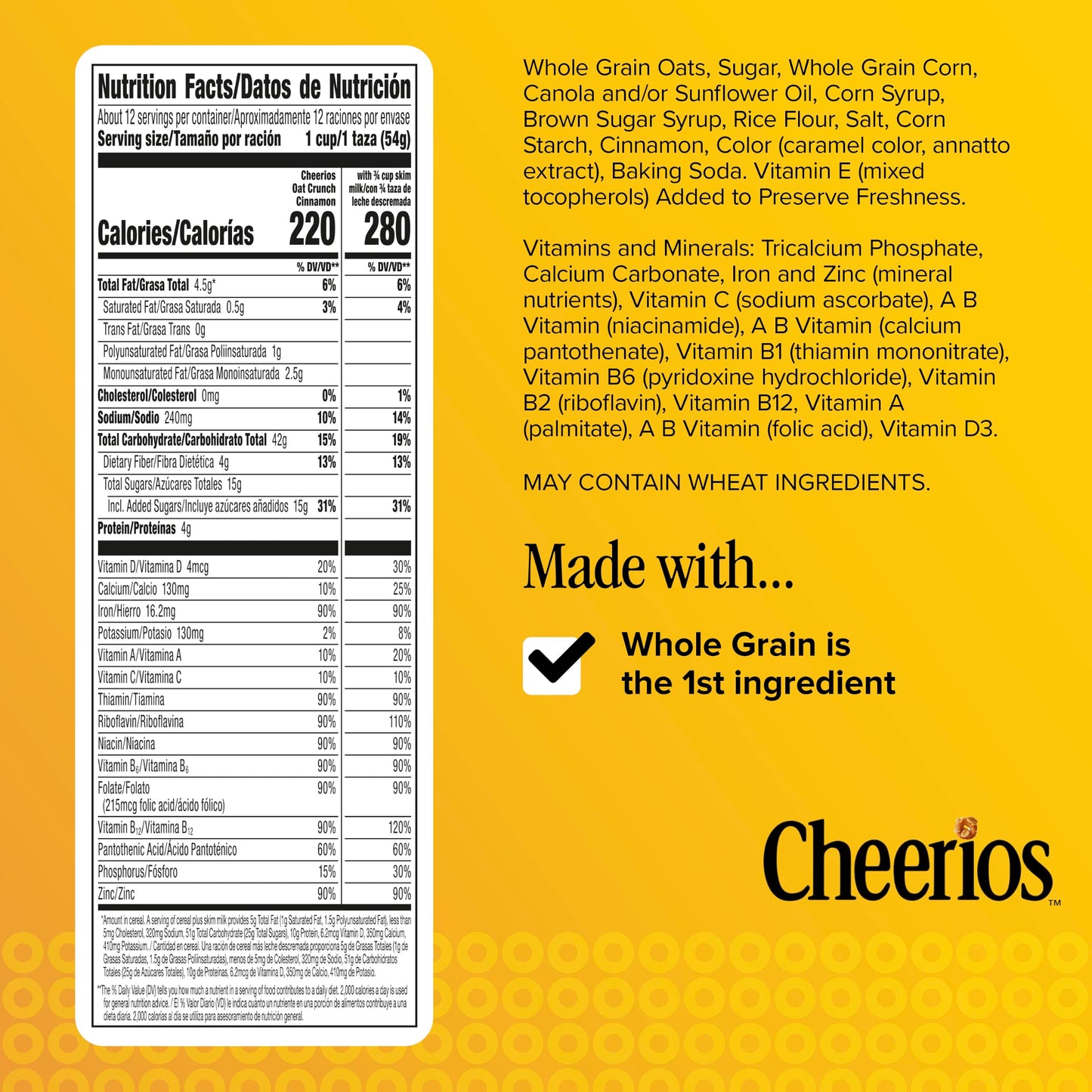 Cheerios Oat Crunch Cinnamon Breakfast Cereal, Made with Whole Grain, Family Size, 24 oz