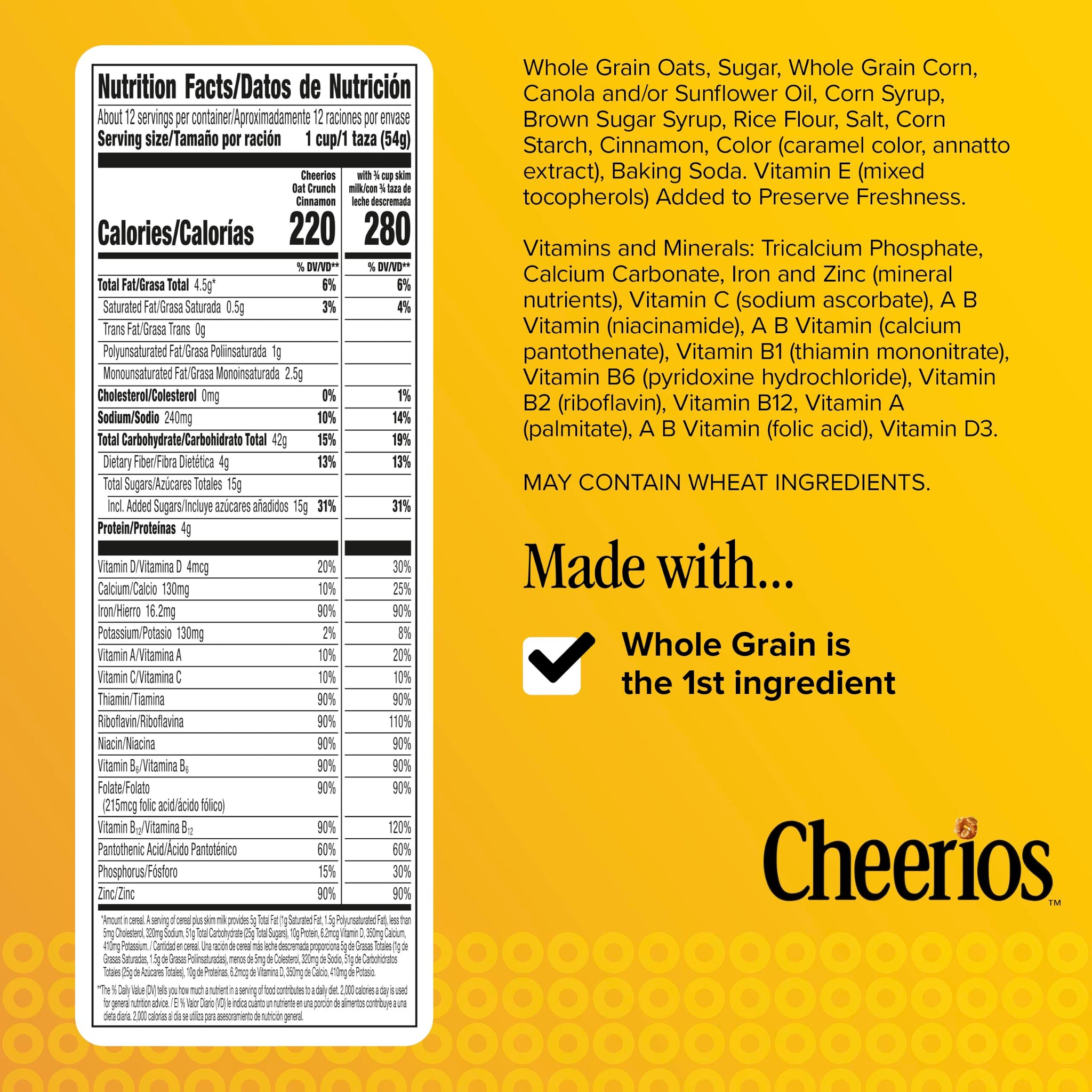 Cheerios Oat Crunch Cinnamon Breakfast Cereal, Made with Whole Grain, Family Size, 24 oz