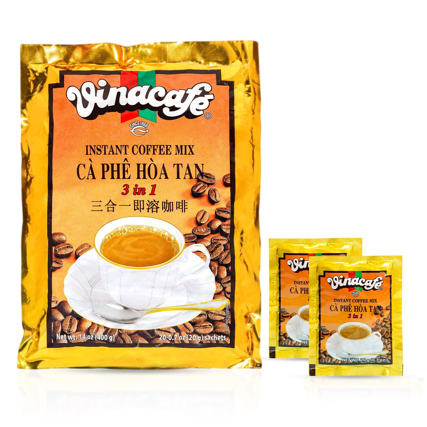 Vinacafe Instant Coffee Packets 3 in 1 Authentic Vietnamese Taste, Balanced Medium Roast Coffee Mix for Quick Preparation at Home, Office or Travel