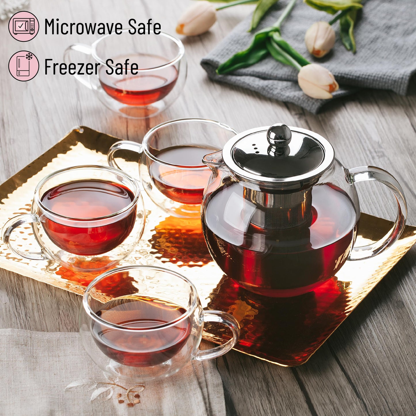 BTaT- Glass Tea Pot Set, Set of 4, Double Wall Glass Tea Cup and Kettle with Infuser