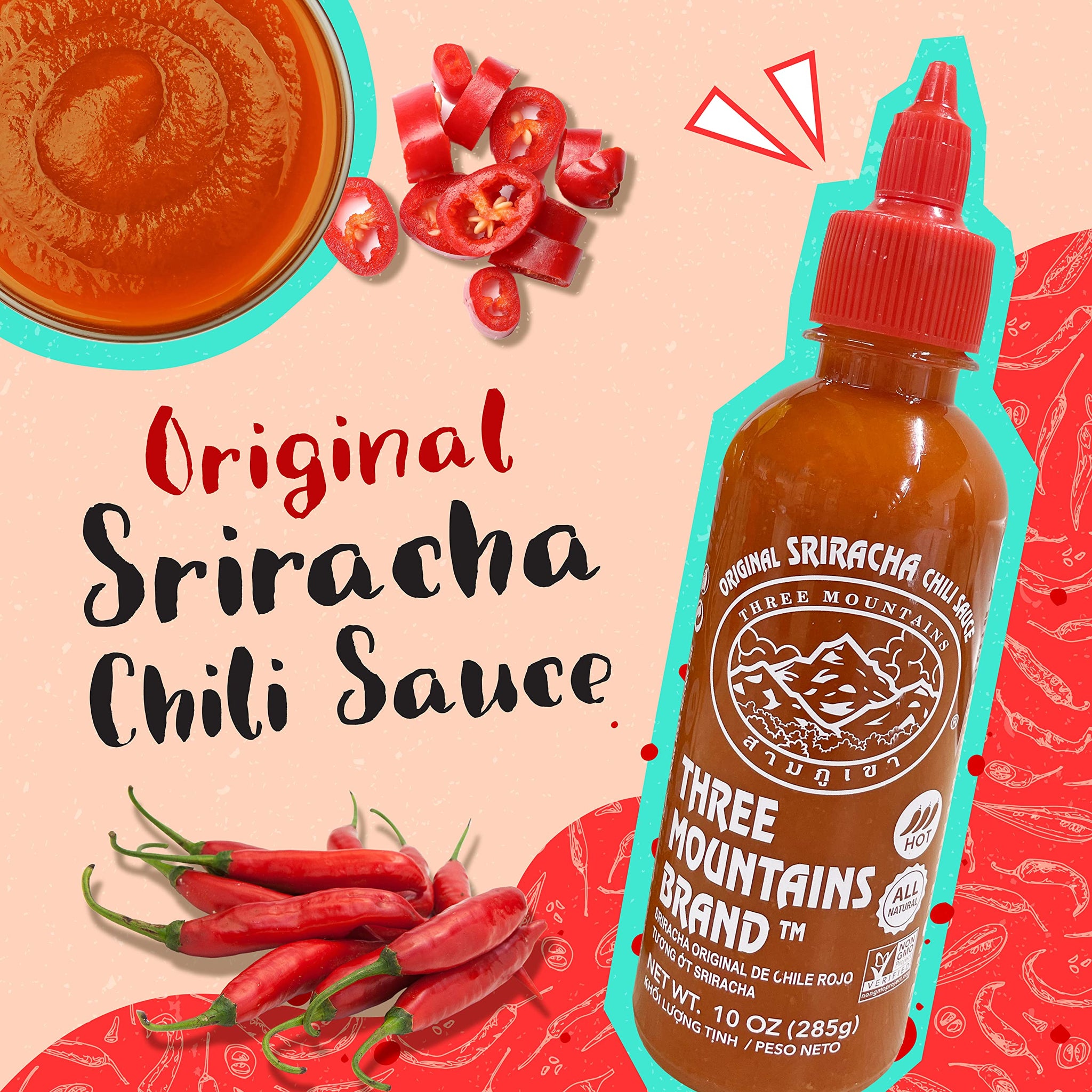 Three Mountains Brand, Original Sriracha Chili Sauce, 10 Oz., Pack of 3, NON-GMO Verified, All Natural, 10 Ounce (Pack of 3), 3.0 Count