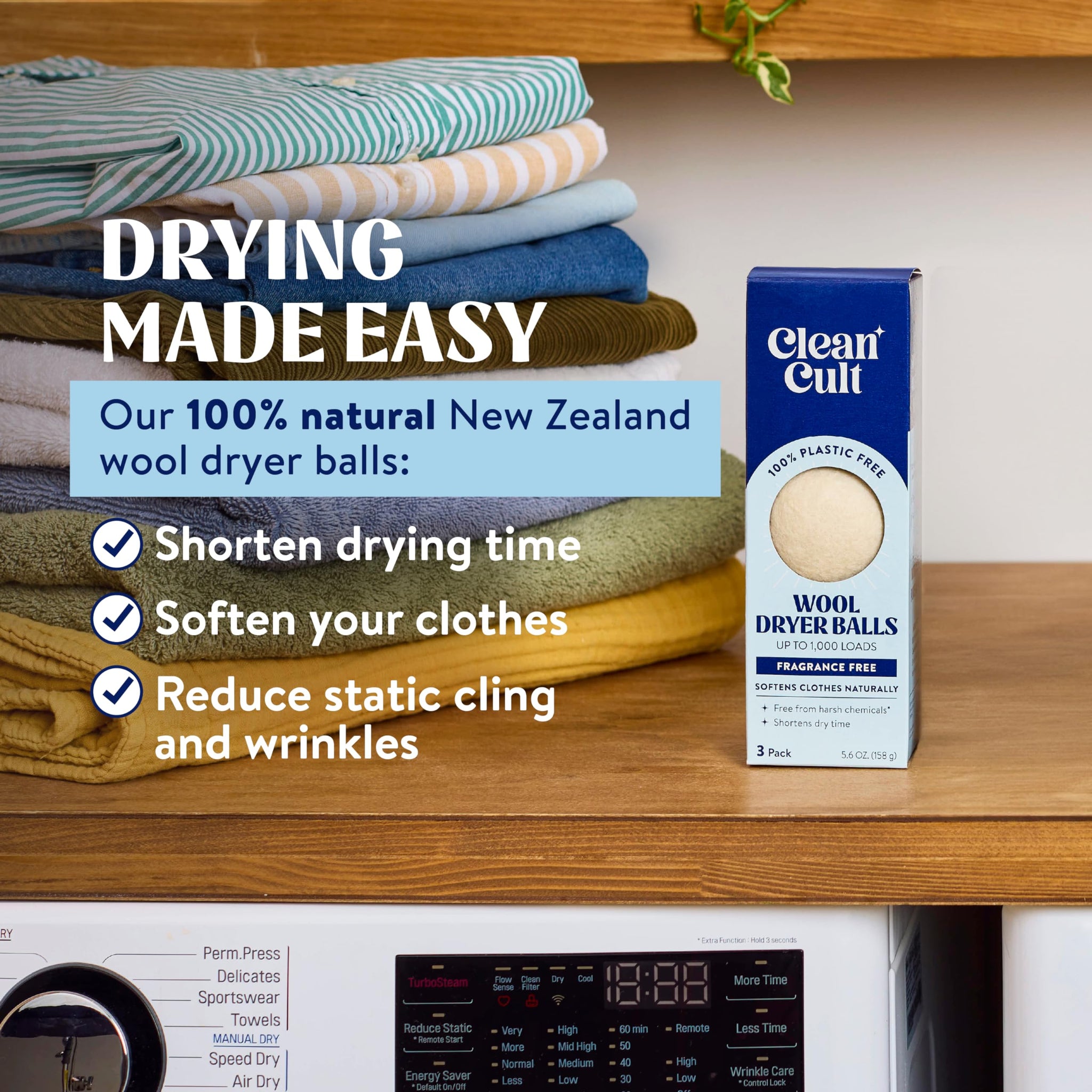 Cleancult Wool Dryer Balls (3 Count) - Made from 100% New Zealand Wool - Biodegradable Dryer Balls - Shorten Dry Times, Soften Clothes, and Stop