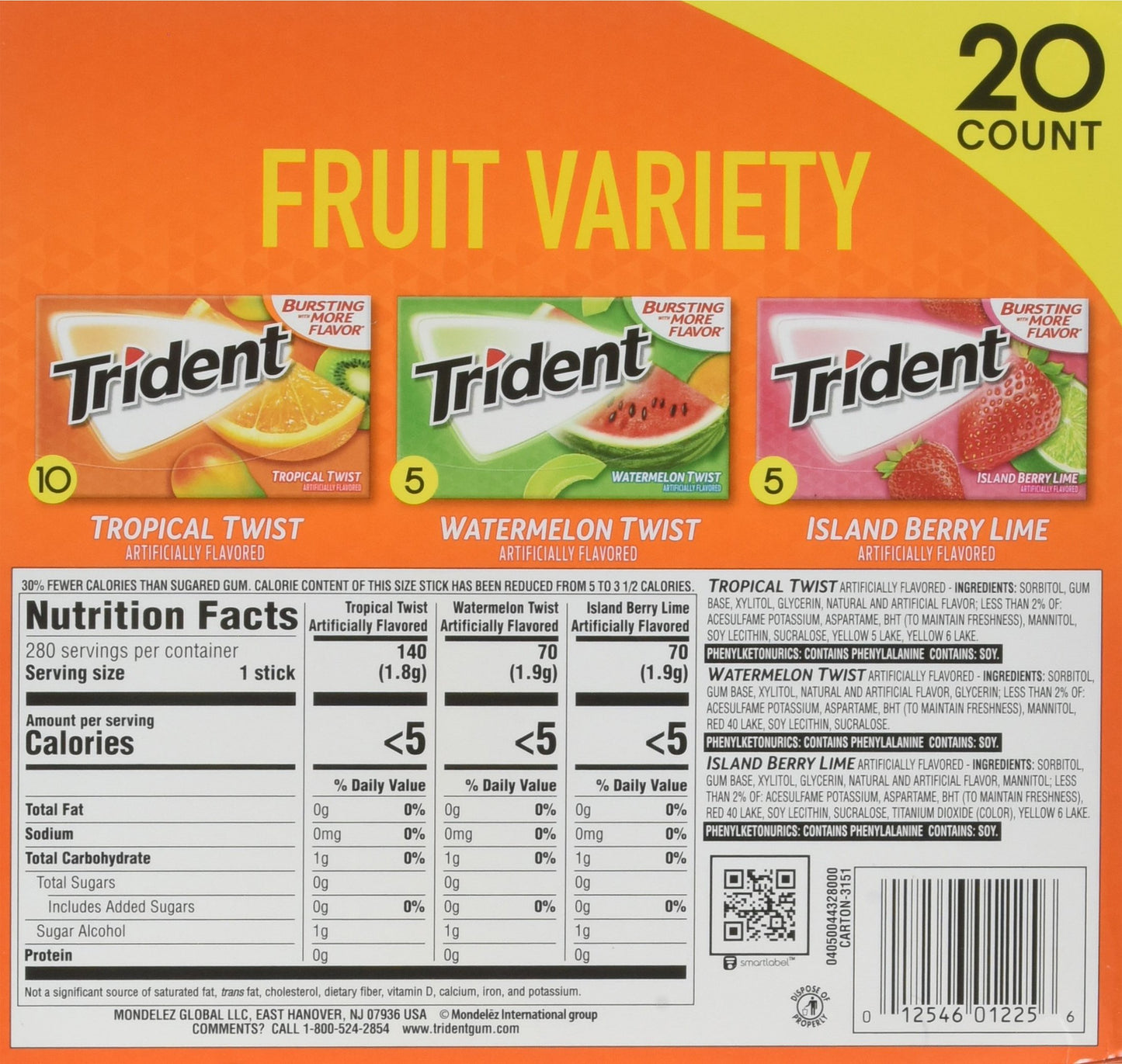 Trident Sugar Free Gum Fruit Variety Total 280 Sticks (20 Packs -14 Sticks)