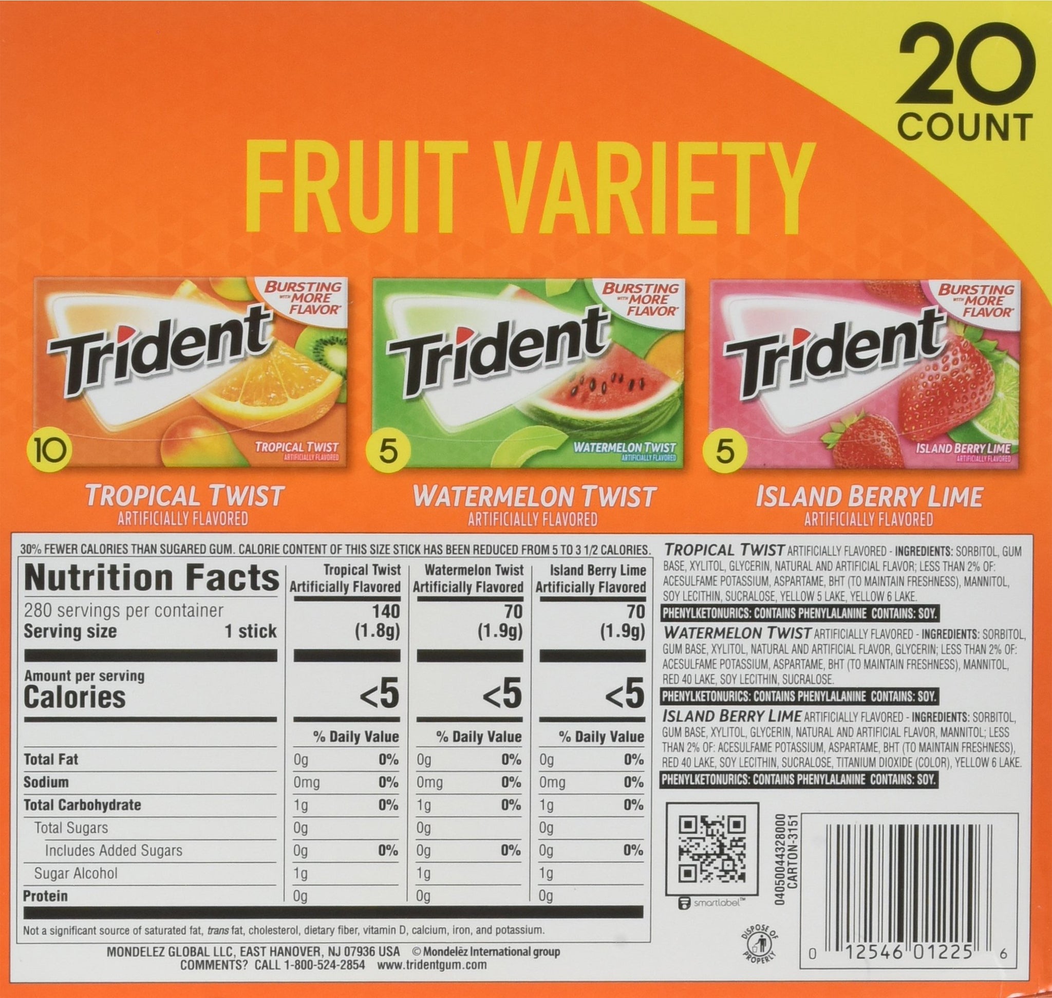 Trident Sugar Free Gum Fruit Variety Total 280 Sticks (20 Packs -14 Sticks)