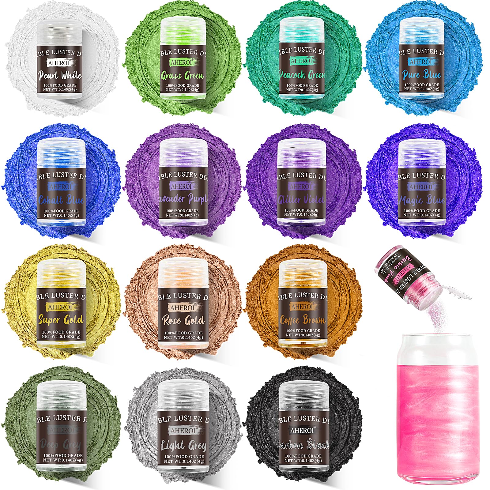 Aheroi Edible glitter Set of 15, Food Grade Edible Powder ocktail Glitter Shimmering Glitter for Drinks, Luster Dust Sprinkles Powder for Fondant Cake