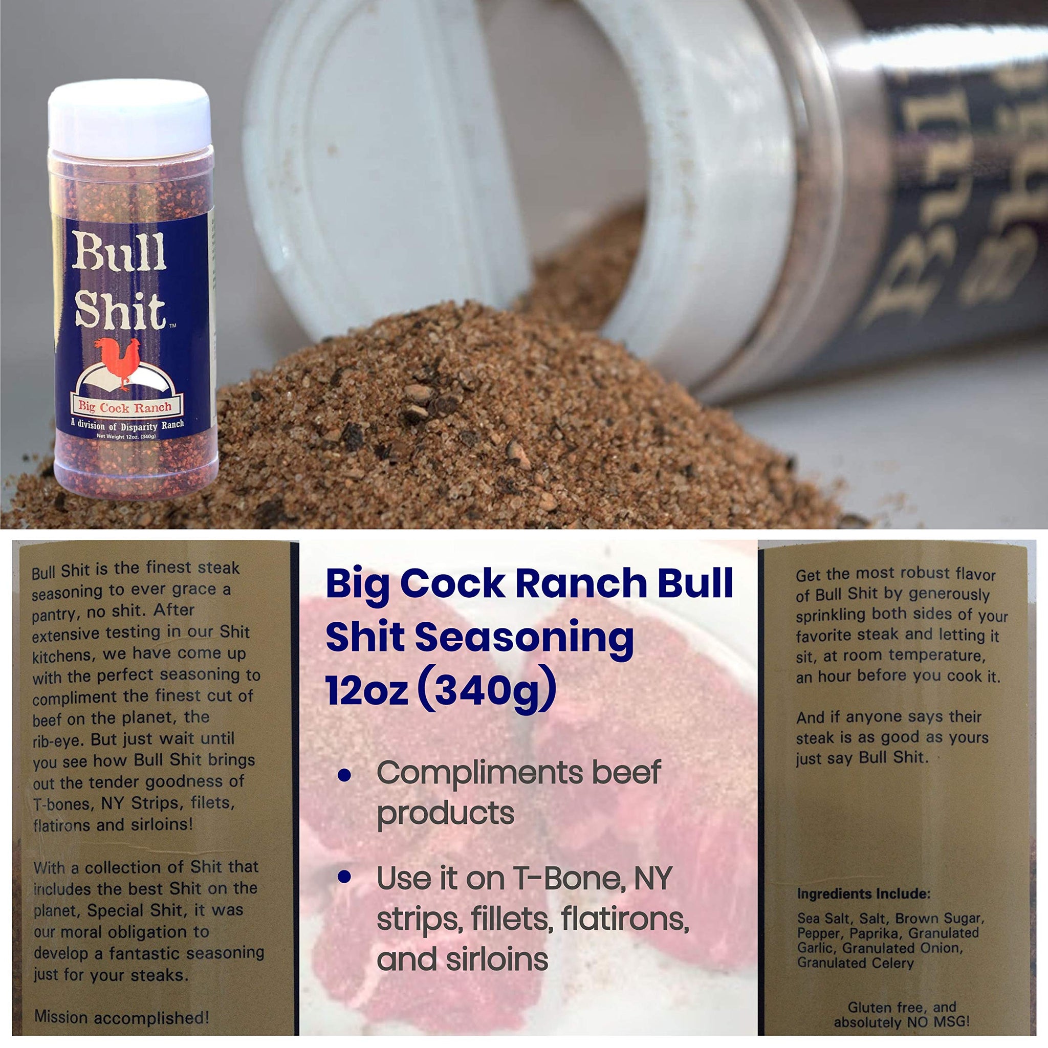 Big Cock Ranch Gourmet Seasoning Bundle All-Purpose Special Shit 13oz, Bull Shit for Steak 12oz, Good Shit Sweet N' Salty 11oz and Chicken Shit 12oz