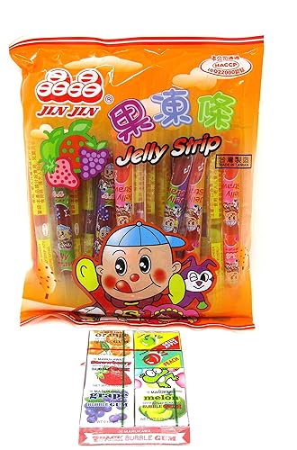 Jin Jin Fruit Jelly Filled Strip Straws Candy Bundle come with 7 Pack Bubble Gum- Many Flavors! (3 Pack)