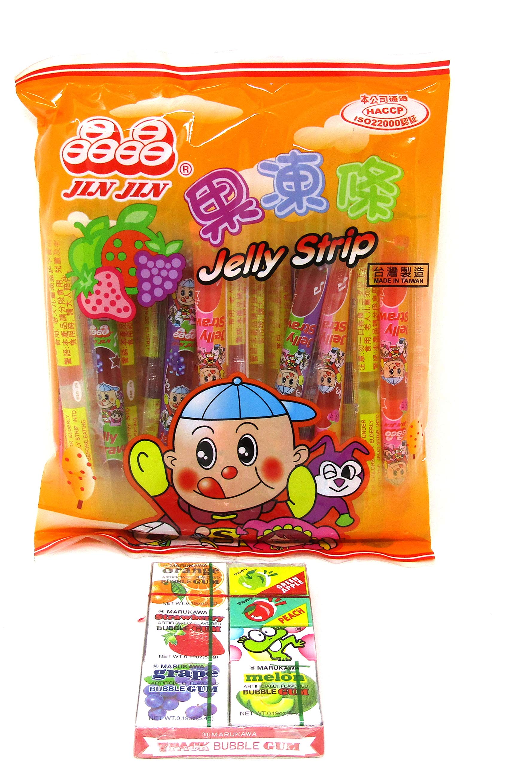 Jin Jin Fruit Jelly Filled Strip Straws Candy Bundle come with 7 Pack Bubble Gum- Many Flavors! (3 Pack)