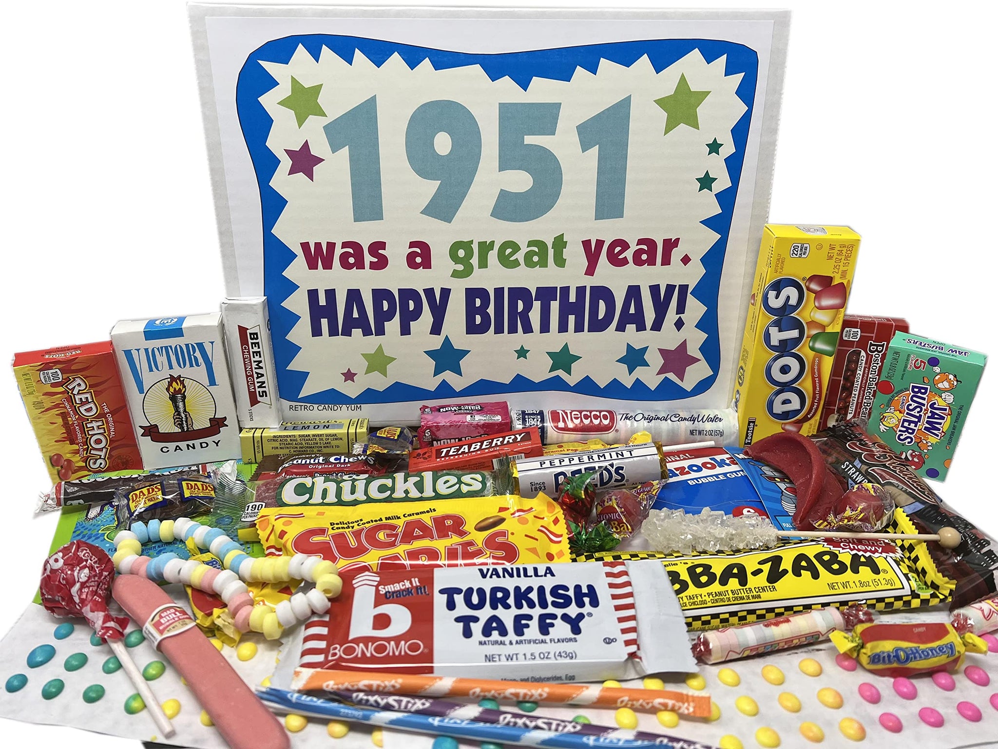 RETRO CANDY YUM ~ 1951 75th Birthday Gift Box of Nostalgic Retro Candy Mix from Childhood for 75 Year Old Man or Woman Born 1951