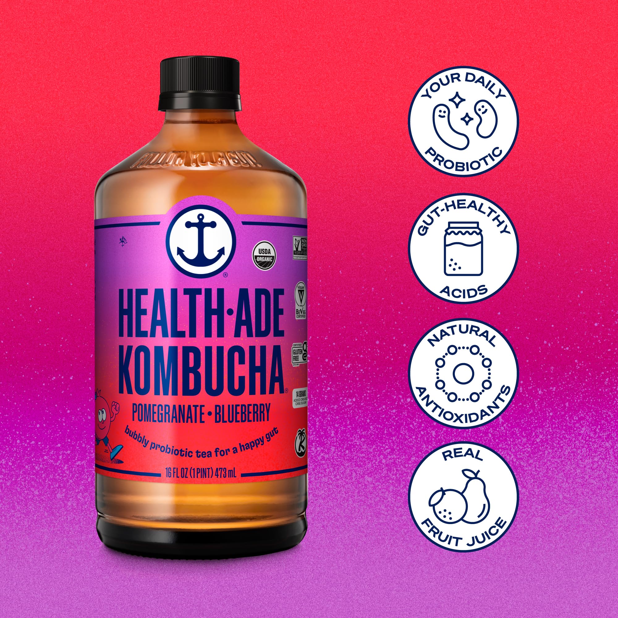 Health-Ade Kombucha Tea Organic Drink, Fermented Tea with Living Probiotics, Detoxifying Acids, Supports Gut Health, Non-GMO, Vegan, Gluten Free, 12