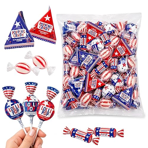 Patriotic Candy | 3-Pound Bag | 4th of July Candy Assortment Individually Wrapped | Popping Rocks, Lollipops, Chocolate Caramel Taffies
