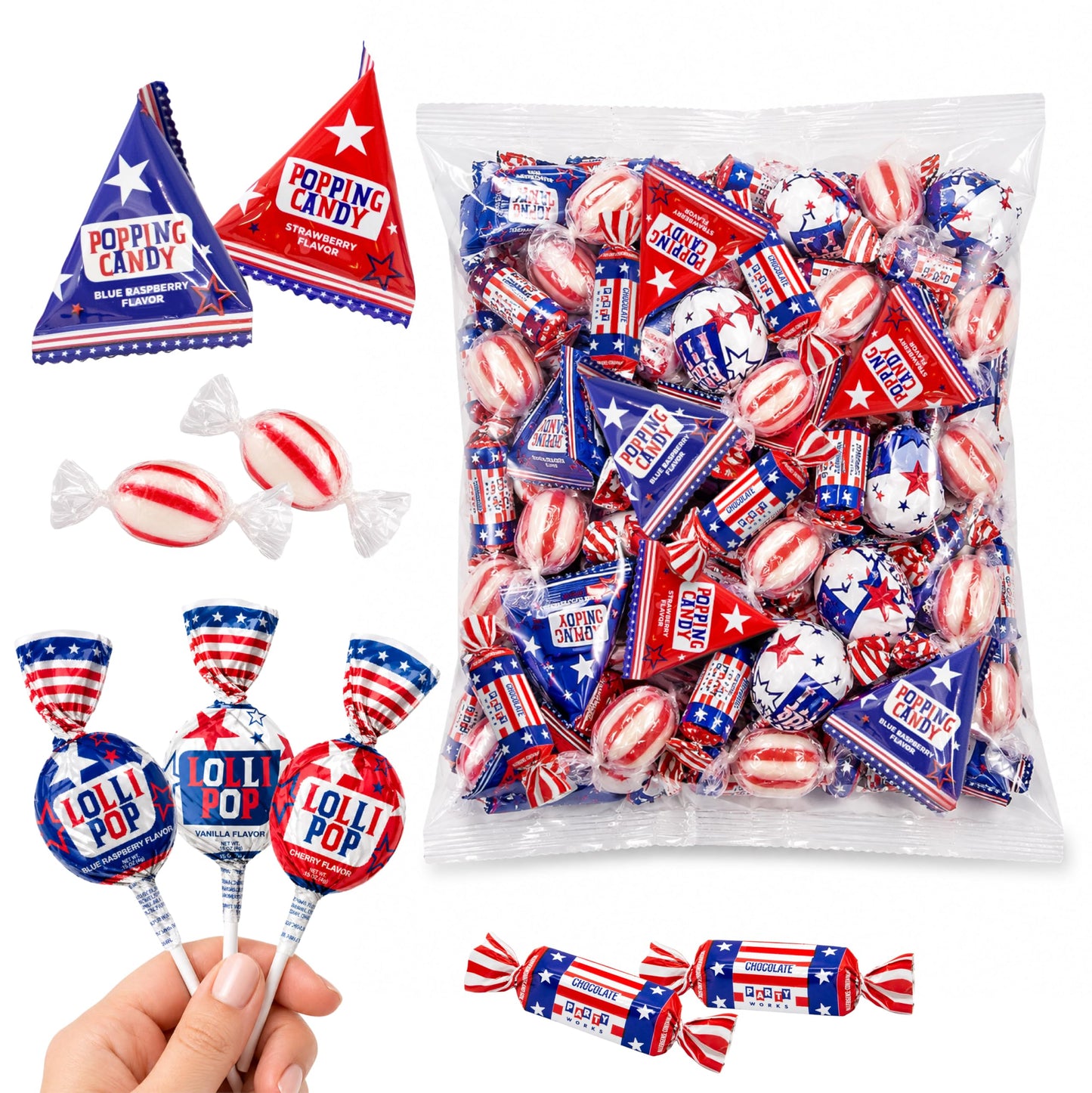Patriotic Candy | 3-Pound Bag | 4th of July Candy Assortment Individually Wrapped | Popping Rocks, Lollipops, Chocolate Caramel Taffies