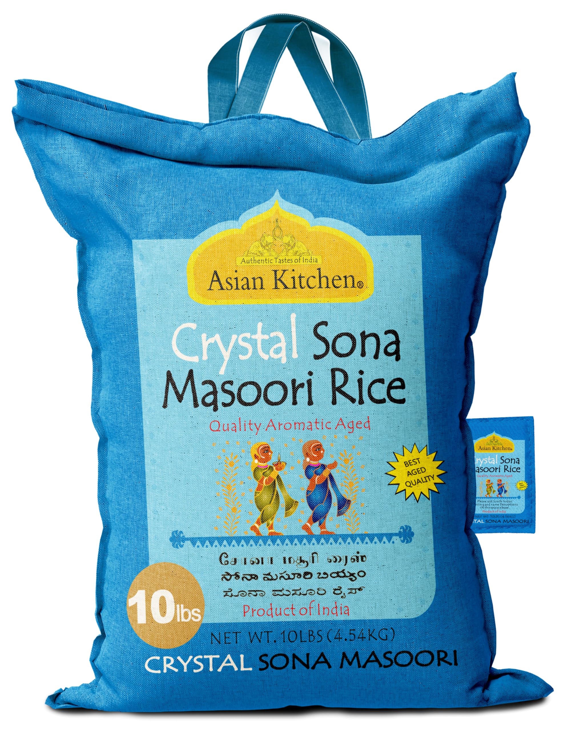 Asian Kitchen Crystal Sona Masoori Aged Rice 10-Pound Bag, 10lbs (4.54kg) Short Grain Rice ~ All Natural | Gluten Friendly | Vegan | Indian Origin |