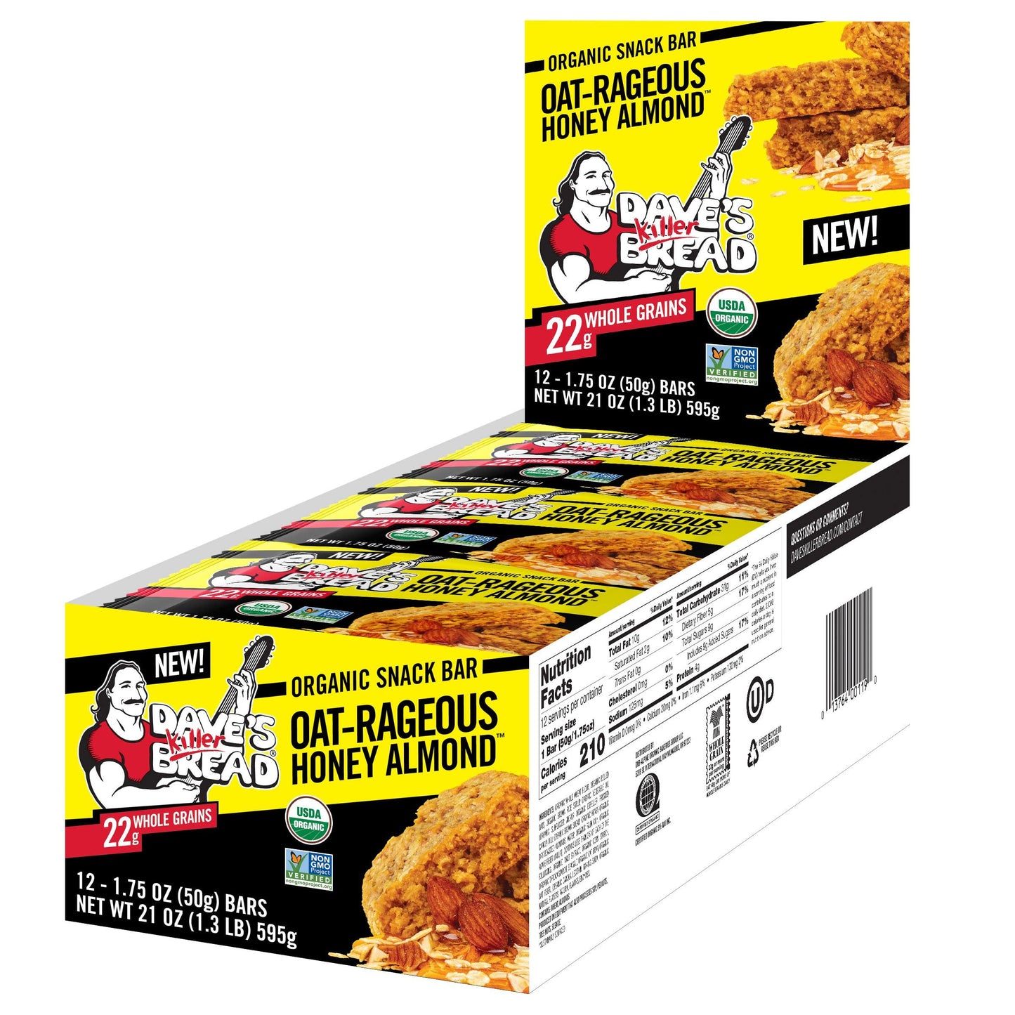 Dave's Killer Bread Oat-Rageous Honey Almond Organic Snack Bars, 12 Individually Wrapped Snack Bars (Pack of 1)
