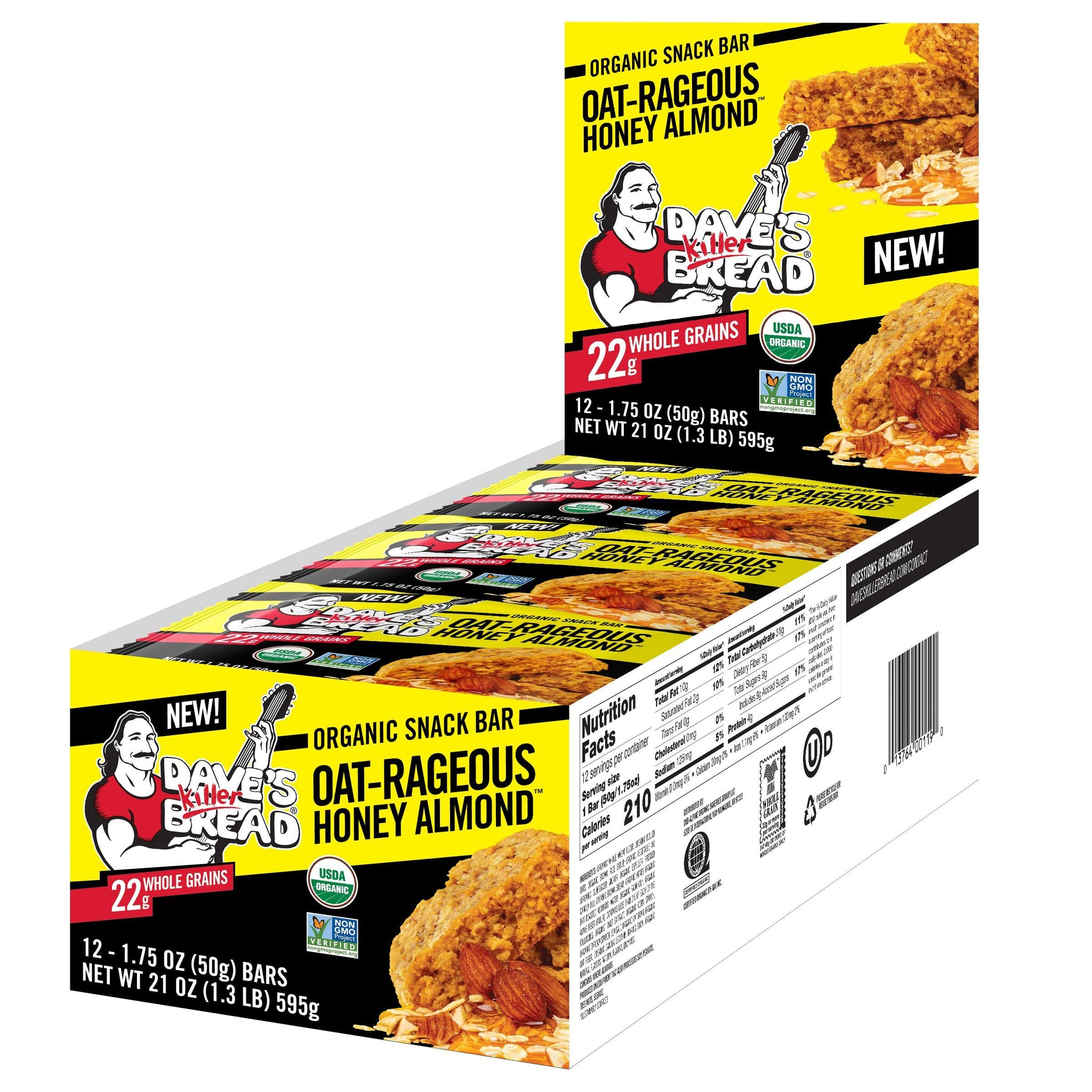 Dave's Killer Bread Oat-Rageous Honey Almond Organic Snack Bars, 12 Individually Wrapped Snack Bars (Pack of 1)