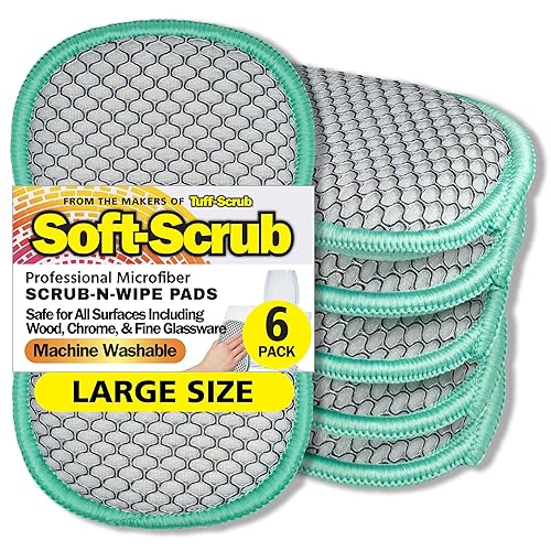 Soft-Scrub by Tuff-Scrub Scrub-N-Wipe Pad, Large, 6-Pack, Microfiber, Multi-Surface, Non-Scratch, Dual-Sided, Scrubber for Dishes, Sinks, Non-Stick