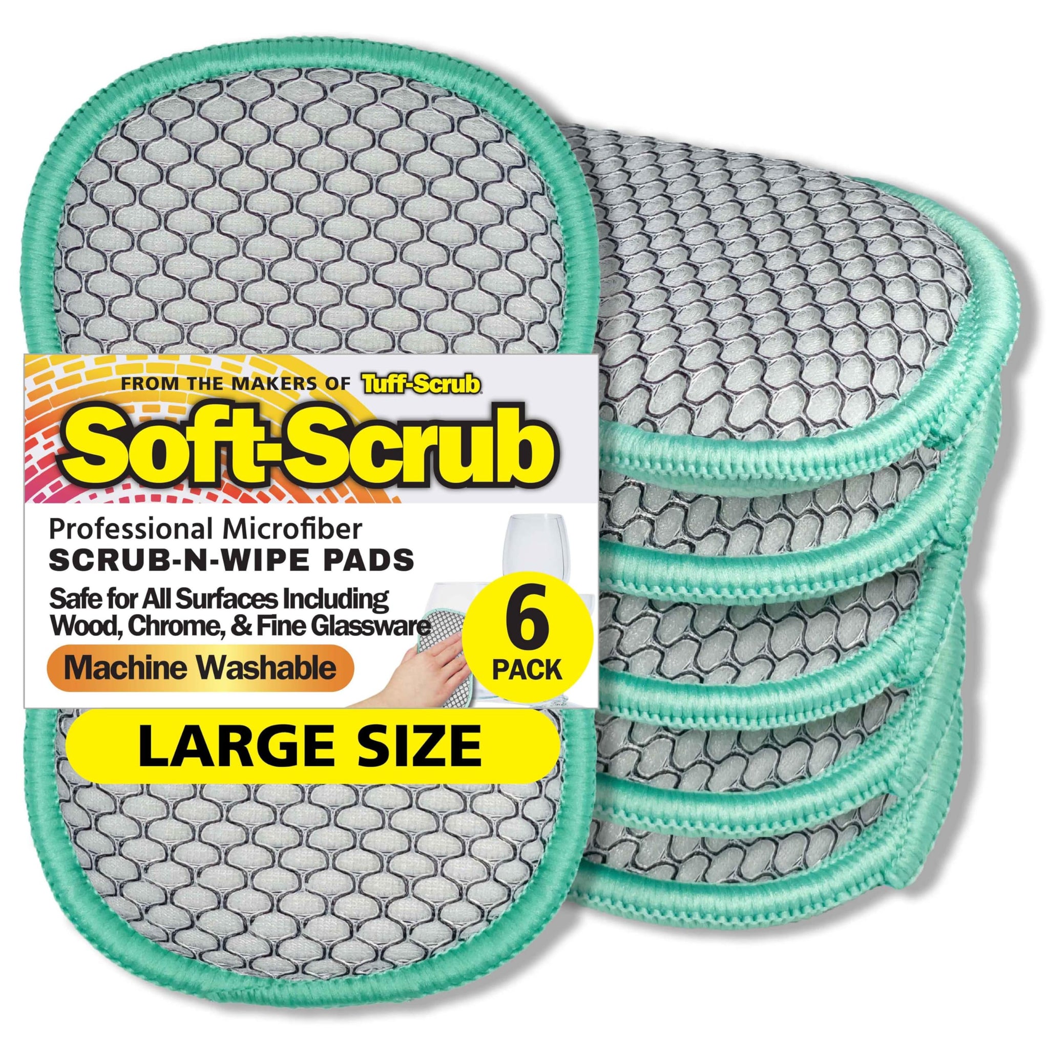 Soft-Scrub by Tuff-Scrub Scrub-N-Wipe Pad, Large, 6-Pack, Microfiber, Multi-Surface, Non-Scratch, Dual-Sided, Scrubber for Dishes, Sinks, Non-Stick