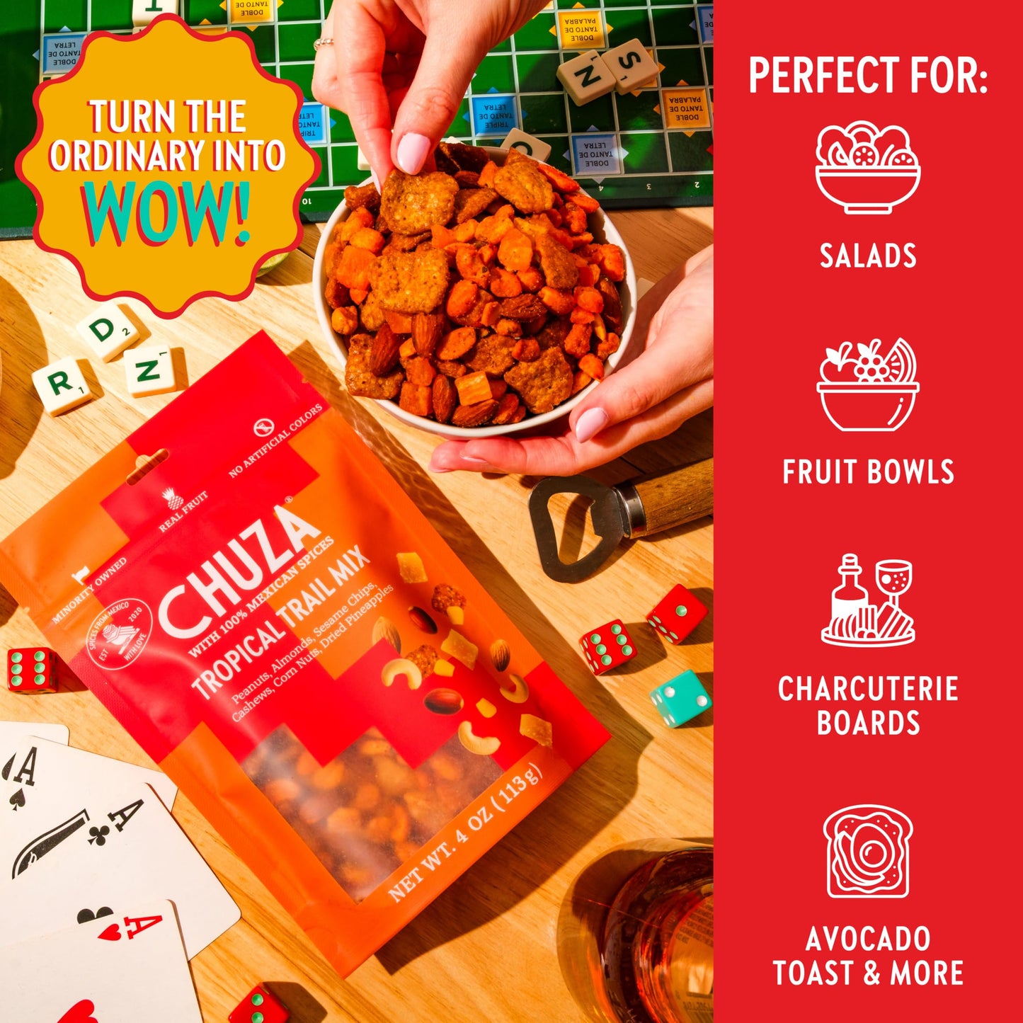CHUZA Tropical Spicy Trail Mix (4 oz. Pack of 2) - Mexican Snacks Style Sweet Chili Nuts & Dried Fruit, Spicy Nuts, Pineapple, Peanuts, Almonds, Corn