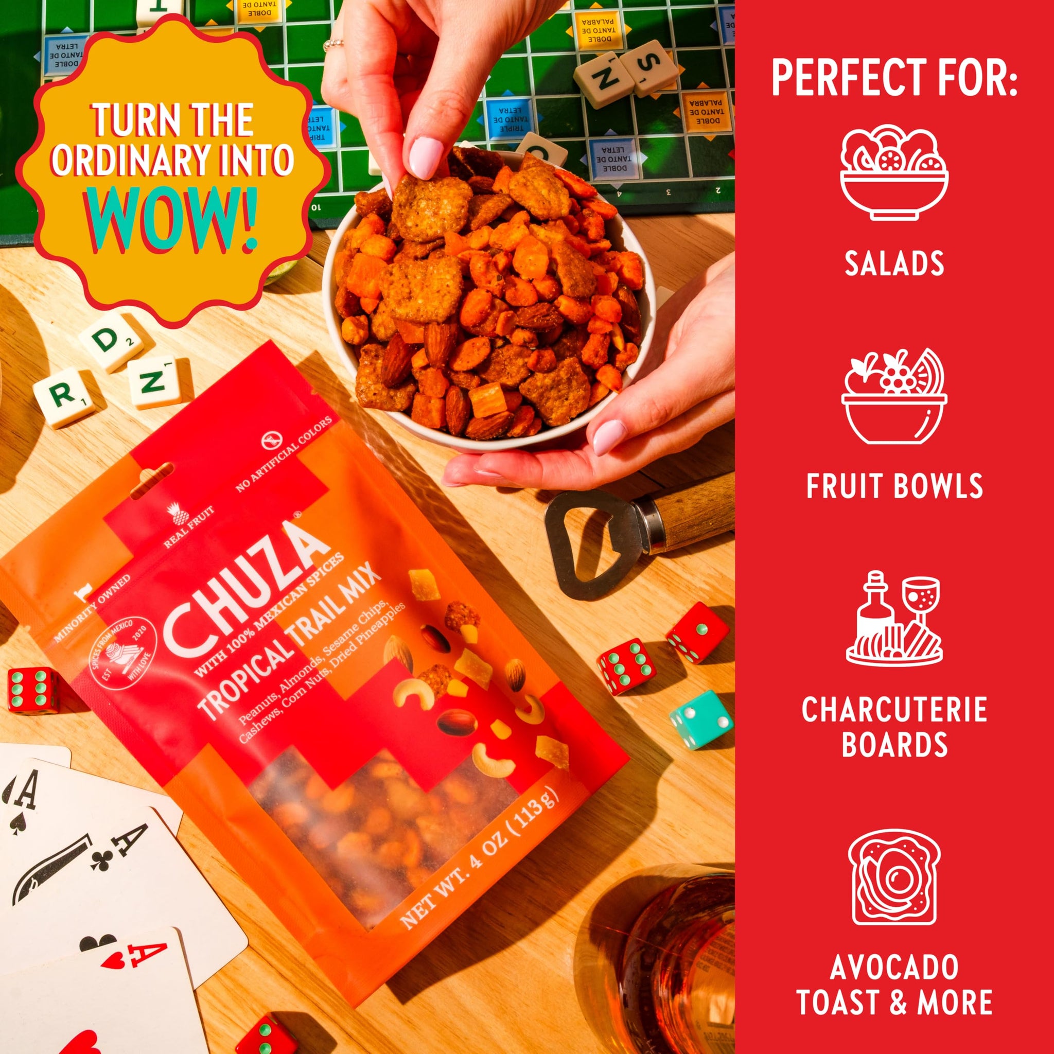CHUZA Tropical Spicy Trail Mix (4 oz. Pack of 2) - Mexican Snacks Style Sweet Chili Nuts & Dried Fruit, Spicy Nuts, Pineapple, Peanuts, Almonds, Corn