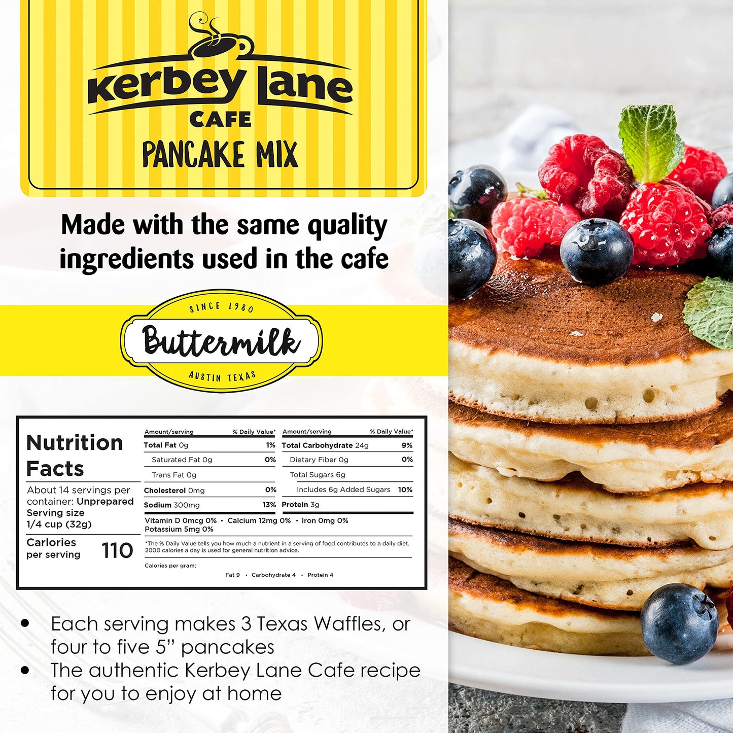 Kerbey Lane Cafe Buttermilk Pancake Mix - Easy to Make, Mouth Watering Recipe for Light and Fluffy Pancakes, Waffles, Flapjacks, Muffins, Cookies. Stay Fresh Resealable Bag (4 Lbs, Pack of 1)