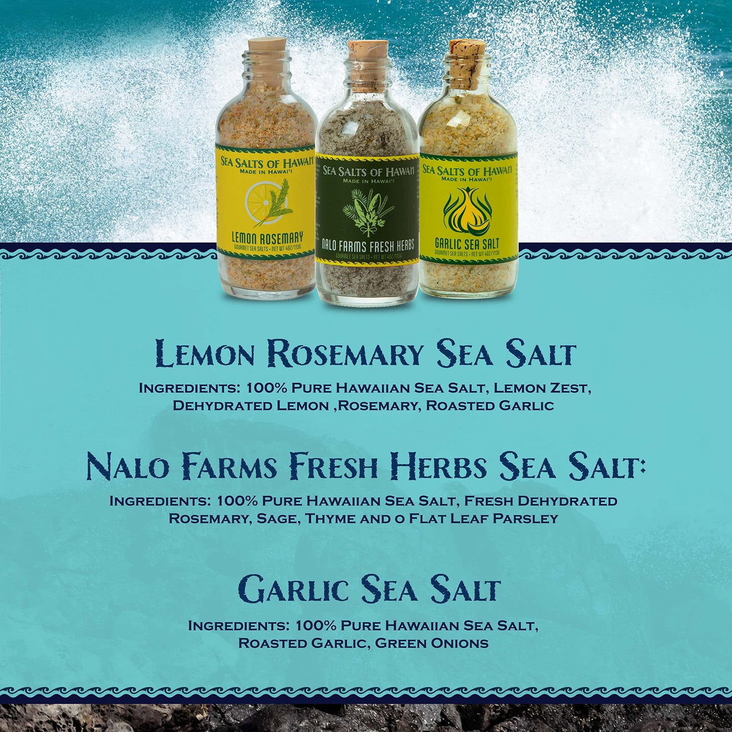Sea Salts of Hawaii Variety 3 Pack, Lemon Rosemary Salt, Roasted Garlic Salt, Fresh Farm Herbs Flavored Hawaiian Sea Salt