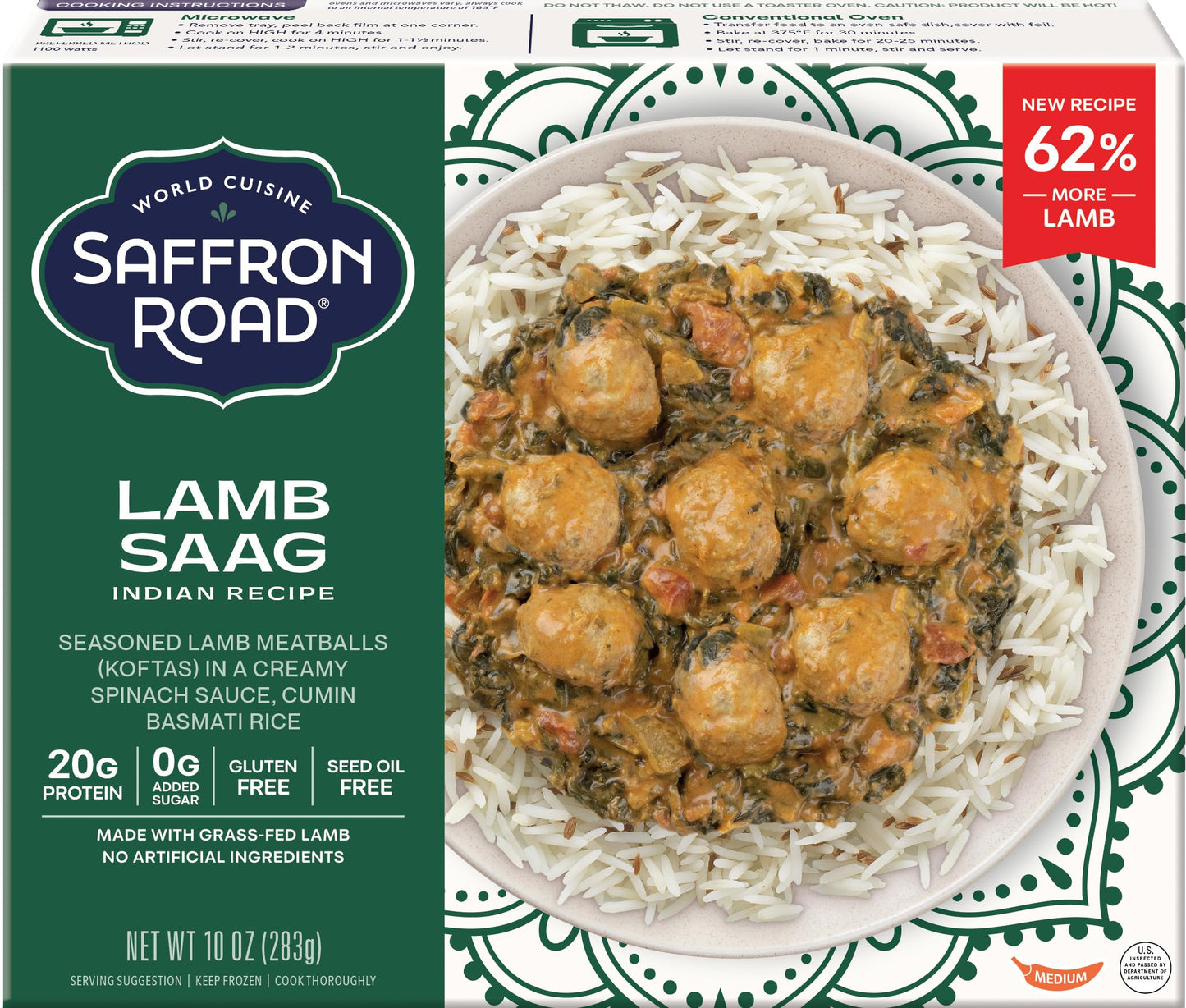 Saffron Road Frozen Lamb Saag - High Protein, Seed Oil Free, Made with Grass Fed Lamb, No Artificial Ingredients, Gluten-Free - 10 Ounce