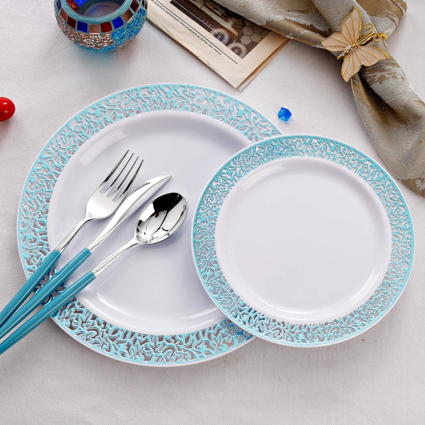 WELLIFE 120 PCS Blue Plastic Plates, Blue Party Plates, Includes: 24 Dinner Plates 10.25”, 24 Dessert Plates 7.5”, 72 Plastic Cutlery for Party