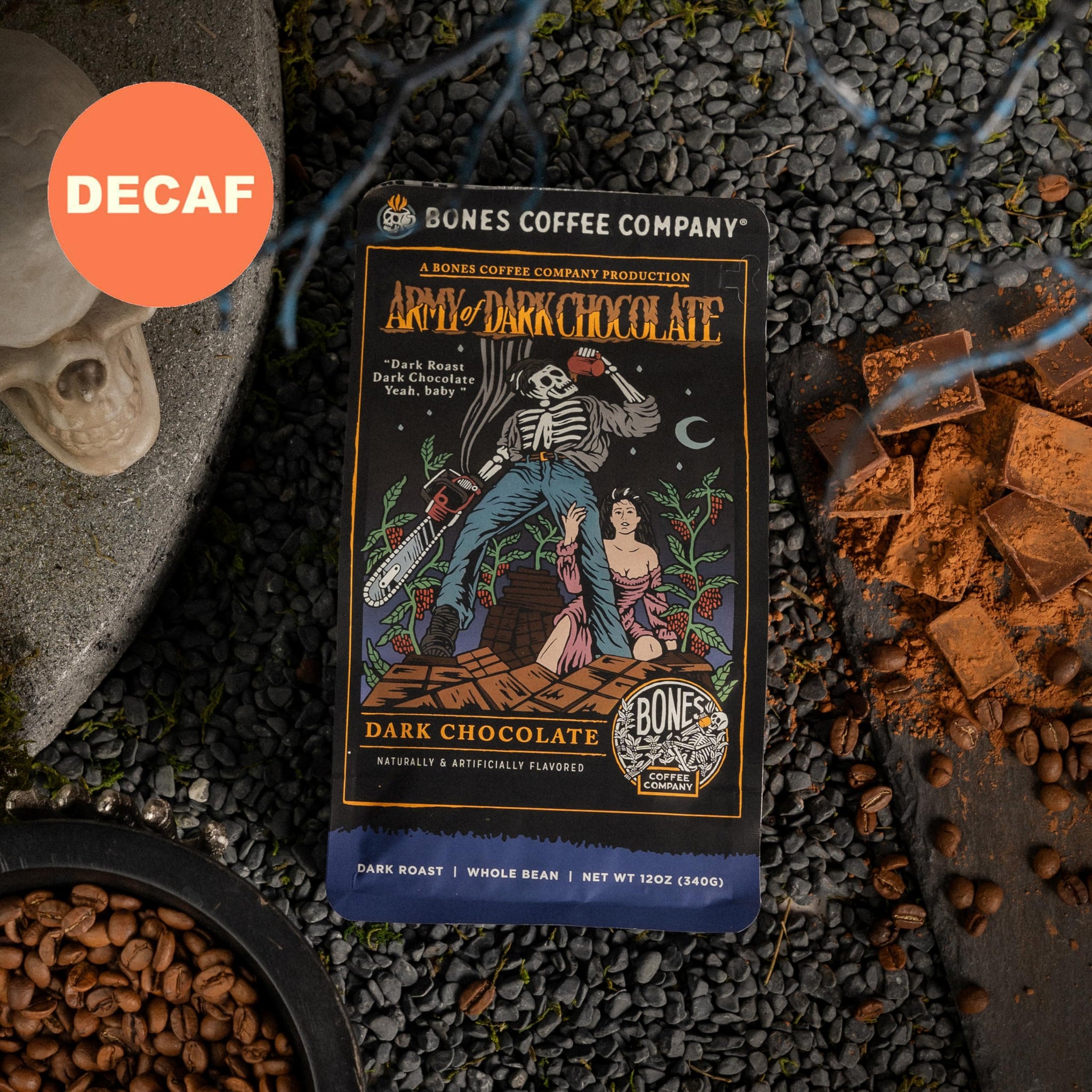 Bones Coffee Company Decaf Army Of Dark Chocolate Flavored Coffee, Dark Roast Low Acid Coffee,12 Oz Whole Bean