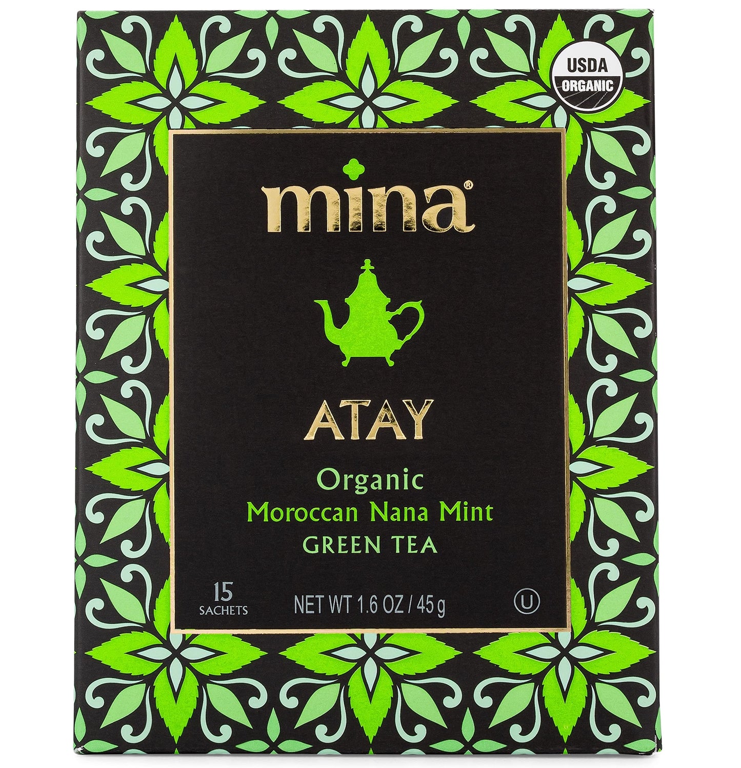 Mina Atay Moroccan Nana Mint Organic Green Tea, 15 Biodegradable Sachets - Refreshing Moroccan Mint Green Tea Bags, Moroccan Mint Tea Bags, Low in