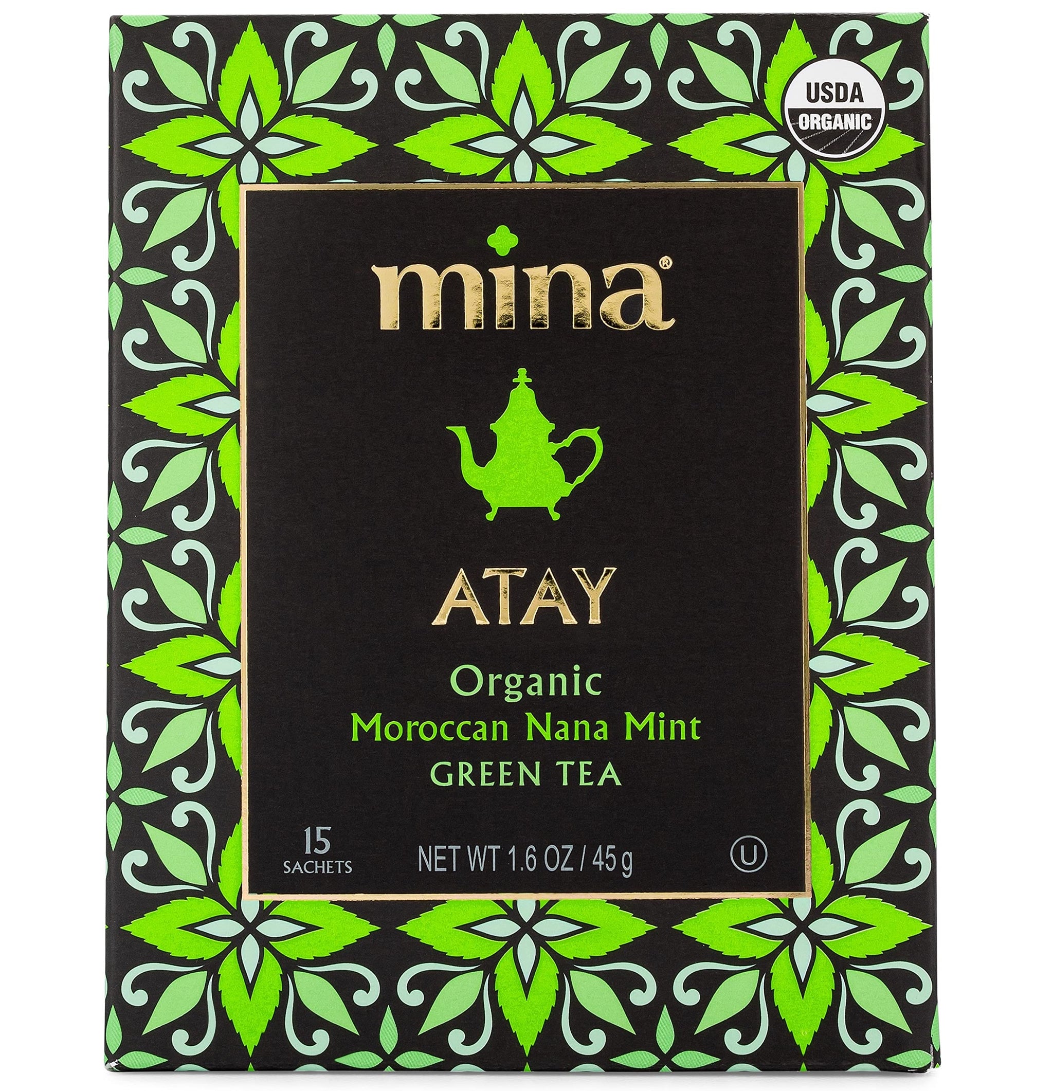 Mina Atay Moroccan Nana Mint Organic Green Tea, 15 Biodegradable Sachets - Refreshing Moroccan Mint Green Tea Bags, Moroccan Mint Tea Bags, Low in