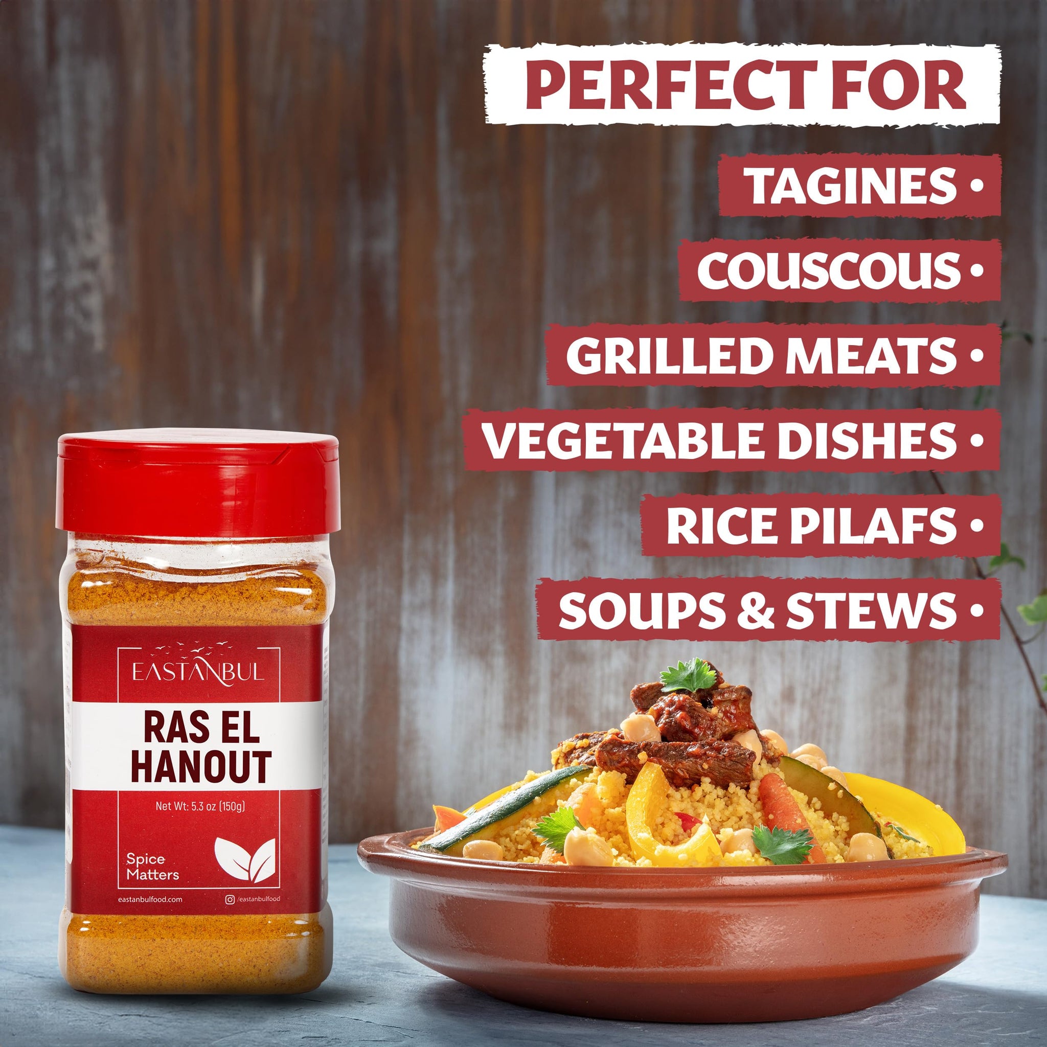 Eastanbul Ras El Hanout Spice, 5.3oz, Meat Seasoning, All-in-One Ras El Hanout Moroccan Spice Blend, North African Baharat Blend, Farm Fresh