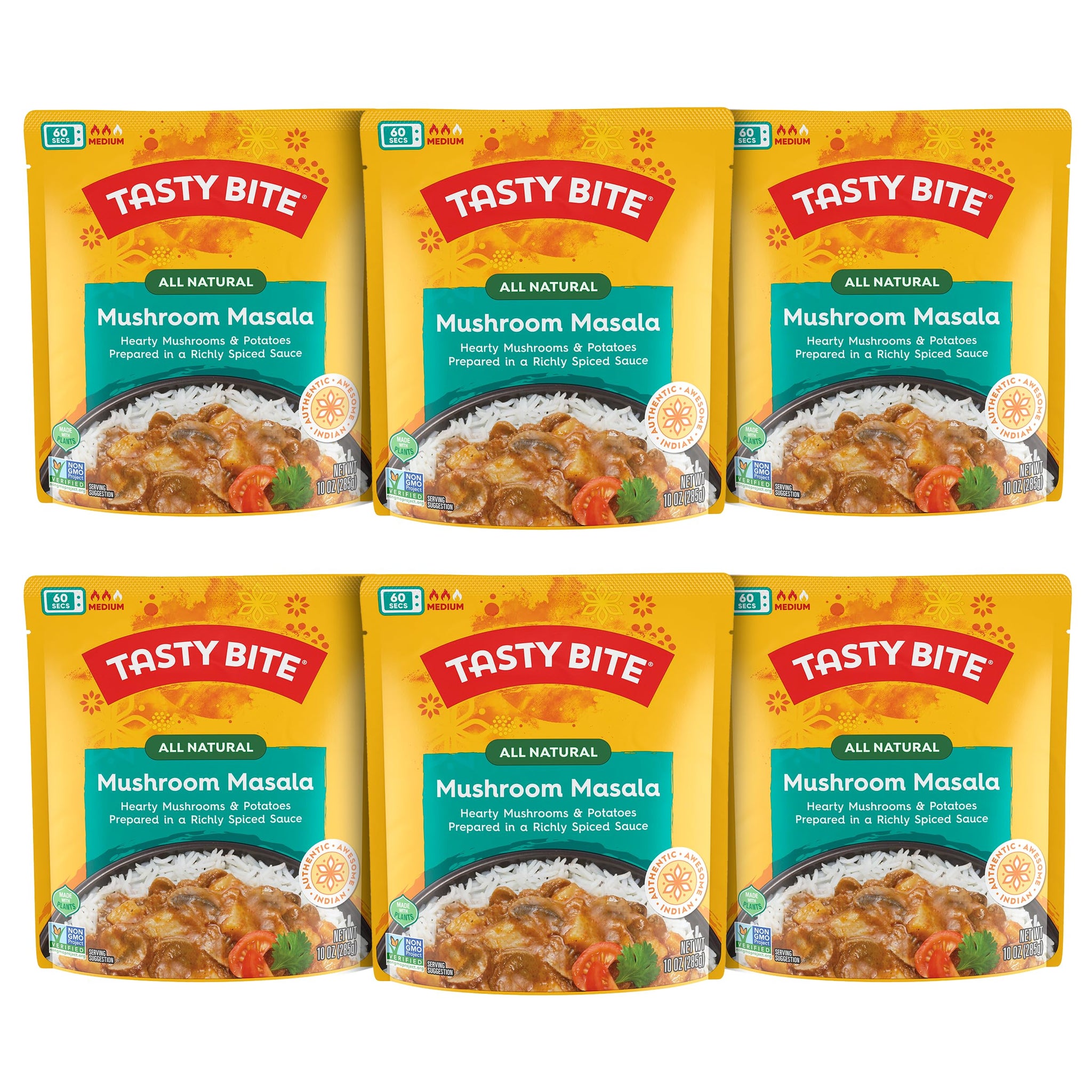Tasty Bite Mushroom Masala, 10 Ounce, Pack of 6, Ready to Eat, Microwavable Entree, Vegan with Mushrooms & Potatoes