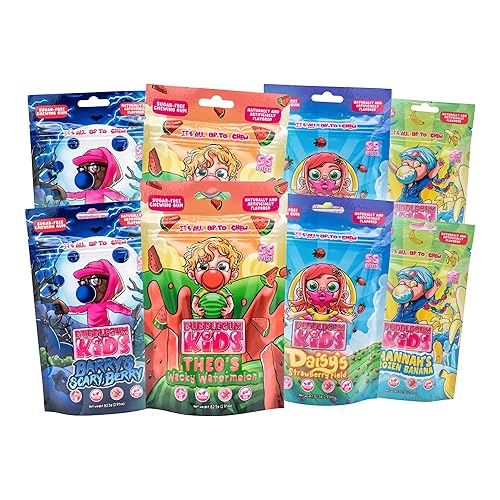 Bubblegum Kids Variety Pack Sugar Free Gum | Sugarless Gum with Xylitol | Vegan, Low Calorie Candy for Kids & Adults | 4 Flavors: Watermelon, Banana