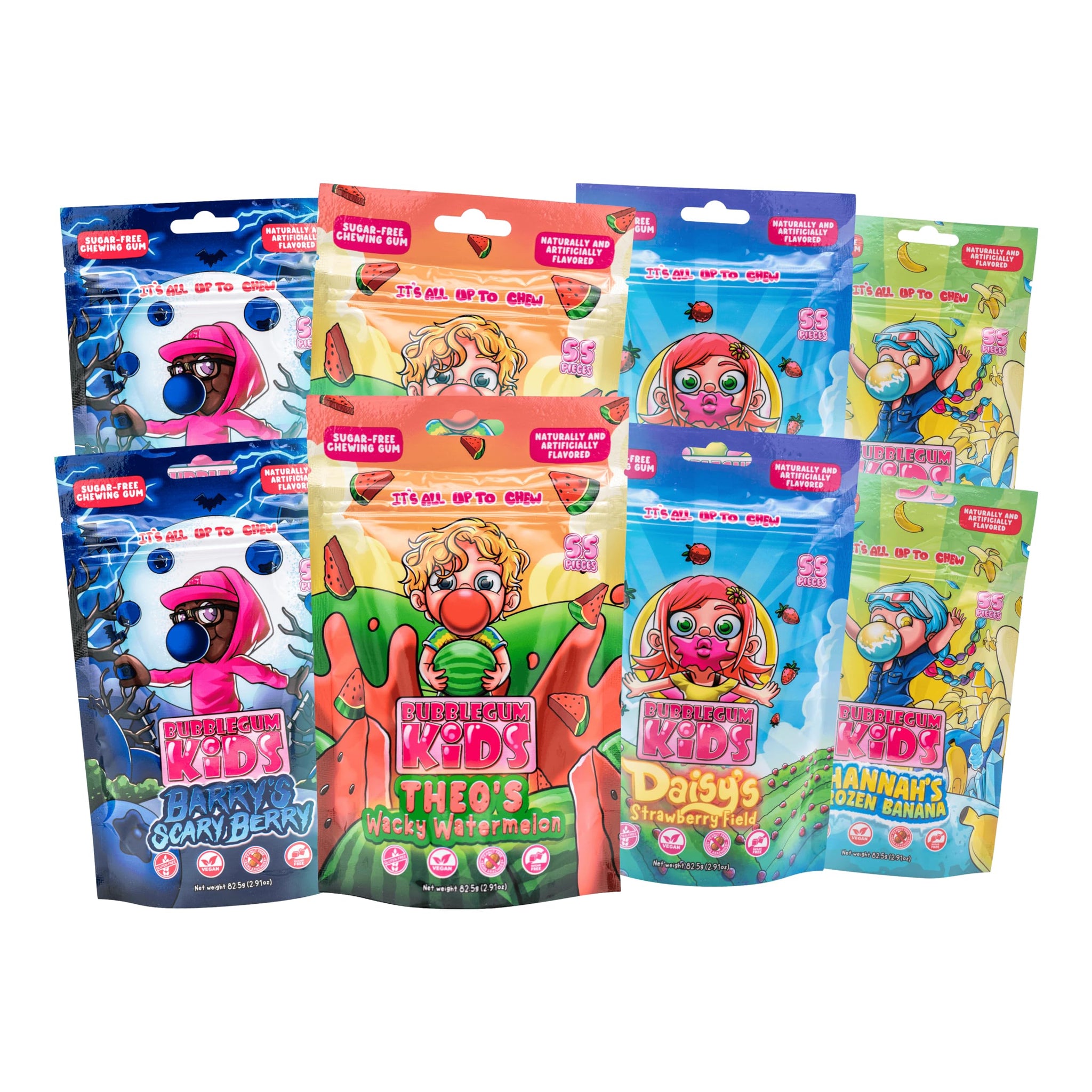 Bubblegum Kids Variety Pack Sugar Free Gum | Sugarless Gum with Xylitol | Vegan, Low Calorie Candy for Kids & Adults | 4 Flavors: Watermelon, Banana