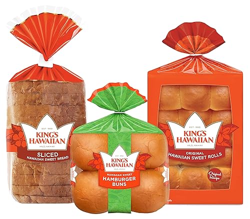 KING’S HAWAIIAN Ultimate Party Variety Pack, 1 Pack Sliced Hawaiian Sweet Bread, 1 Pack Hawaiian Sweet Hamburger Buns, 1 Pack Original Hawaiian Sweet