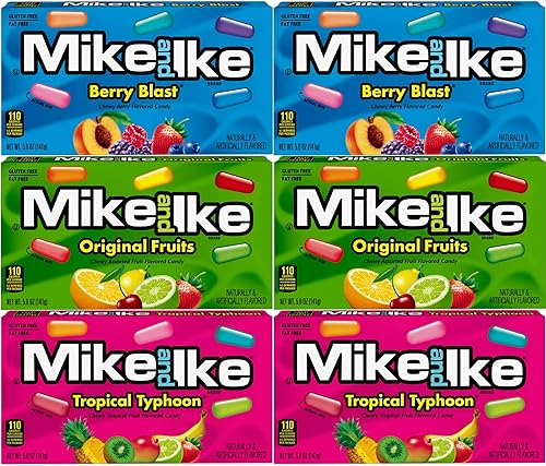 Mike and Ike Pleasure Pack Bundle: (6) 5oz Boxes, (2) Berry Blast, (2) Original Fruits, (2) Tropical Typhoon
