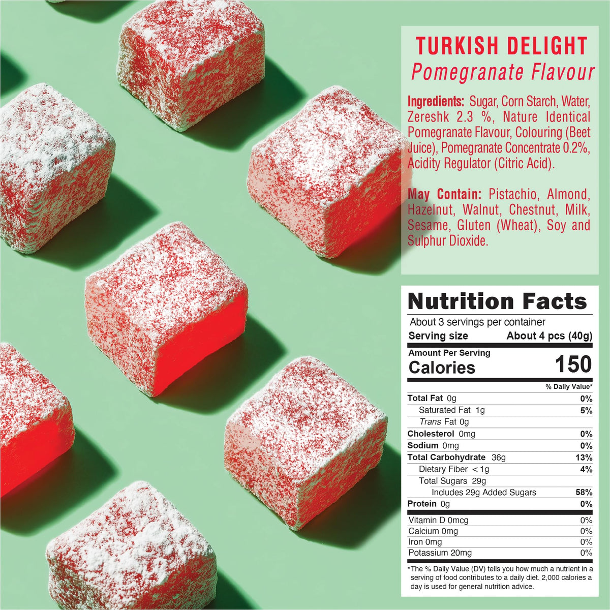 HazerBaba Turkish Delight Candy, Pomegranate Flavored, 3.5 Oz (Pack of 1)