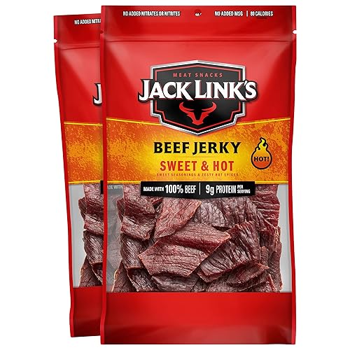 Jack Link's Beef Jerky, Sweet & Hot, Large Jerky Bags - Flavorful Meat Snacks, Ready to Eat Protein Snacks, 9g of Protein per Serving, Made with 100%