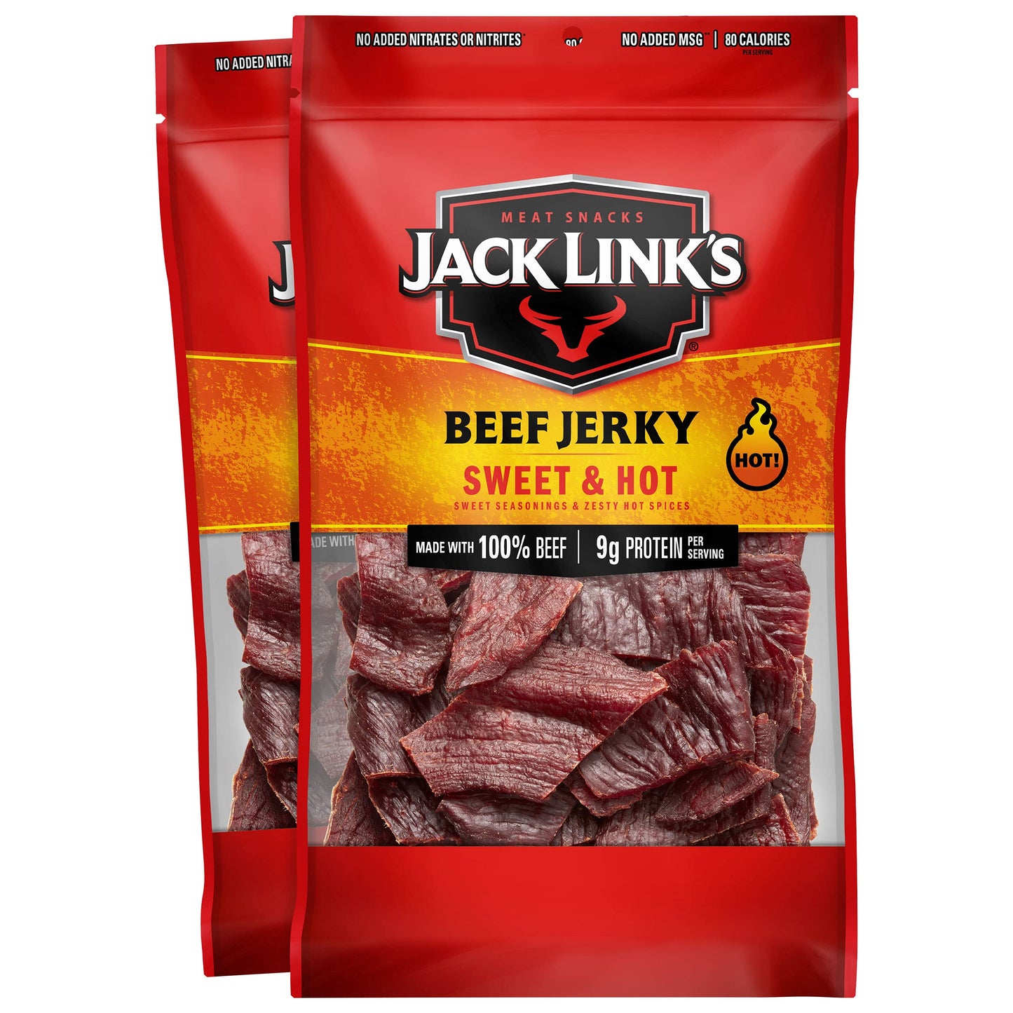 Jack Link's Beef Jerky, Sweet & Hot, Large Jerky Bags - Flavorful Meat Snacks, Ready to Eat Protein Snacks, 9g of Protein per Serving, Made with 100%