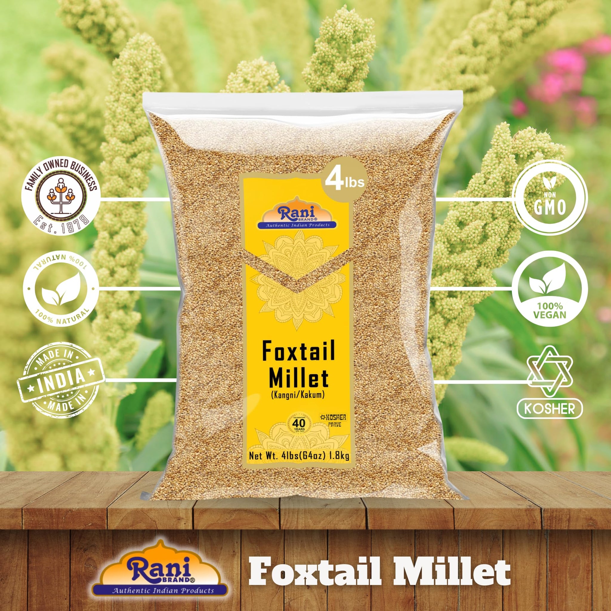 Rani Foxtail Millet Polished (Setaria italica) Ancient Grains 64oz (4lbs) 1.81kg ~ All Natural | Gluten Friendly | NON-GMO | Kosher | Vegan | Indian Origin | Kangi/Kakum/Navane/Tenai