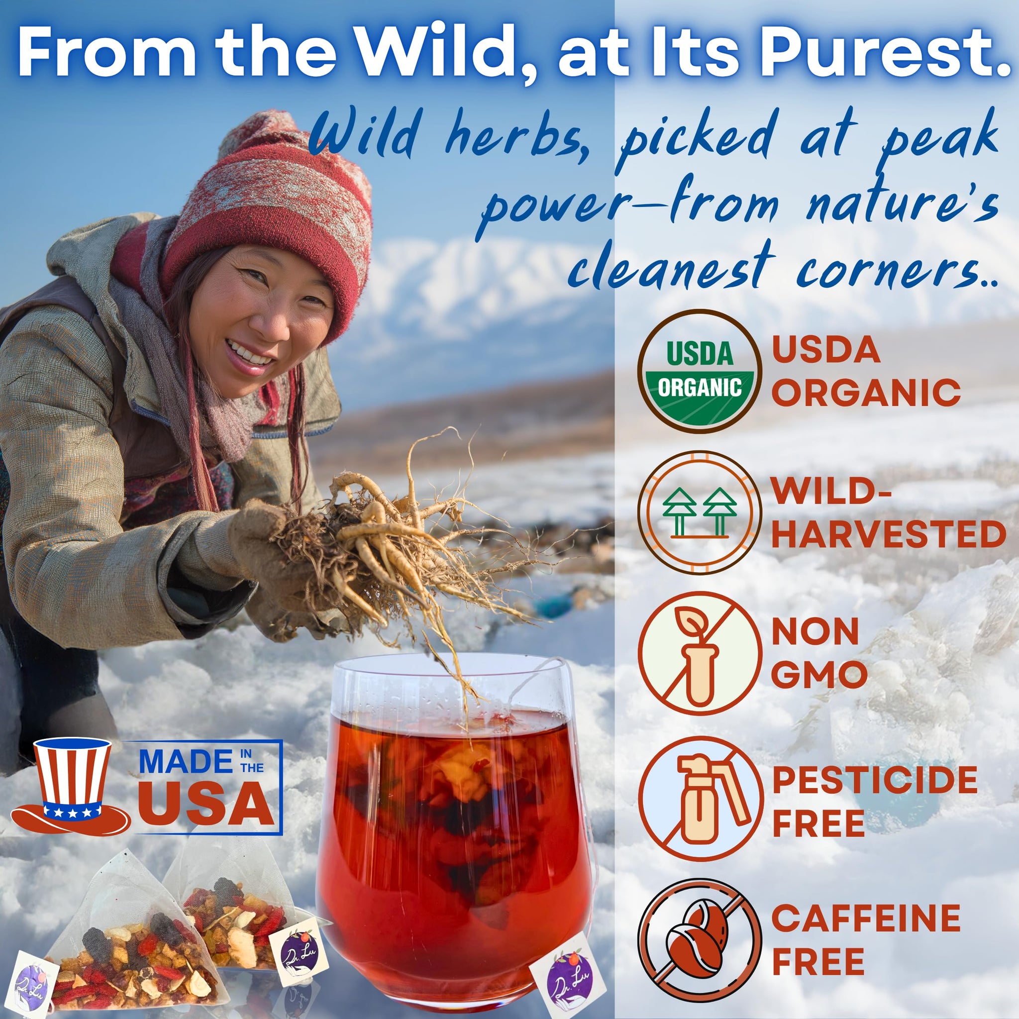 Dr. Lu’s Organic Ginseng Five Treasures Tea Kidney Tea | Ginseng Six Treasures tea for Kidney Cleanse Detox & Repair with Maca Root in Corn Fiber