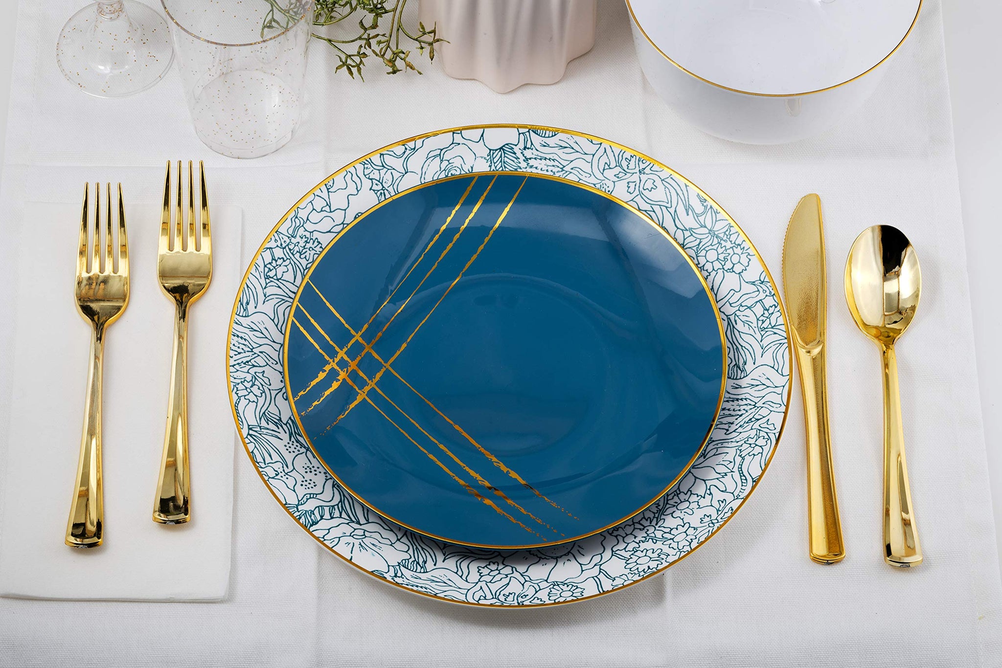 Trendables 120 Pack Disposable Dinnerware & Cutlery Combo Floral Brush Design Plates Includes: 20 10.25 in. Large Dinner Plates + 20 8" Dessert Plates