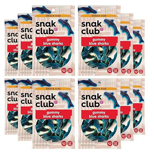 Snak Club Gummy Sharks Candy, Blue Raspberry Fruit Flavored Candy Gummies, Soft and Chewy, Fat-Free and Gluten-Free Snacks, 2.75 oz Snack Bags, 12