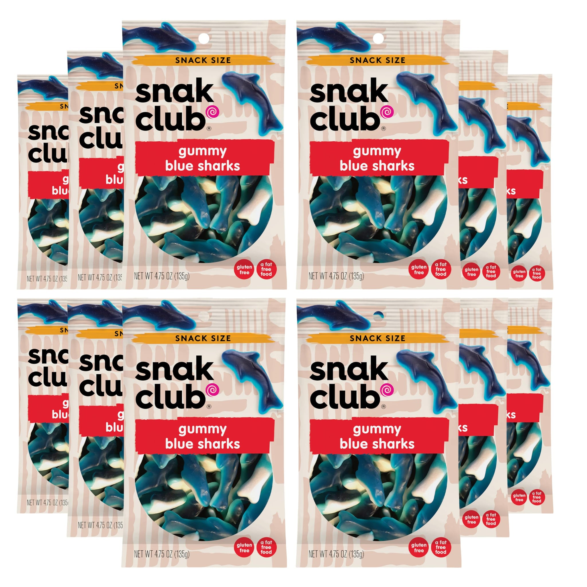 Snak Club Gummy Sharks Candy, Blue Raspberry Fruit Flavored Candy Gummies, Soft and Chewy, Fat-Free and Gluten-Free Snacks, 2.75 oz Snack Bags, 12
