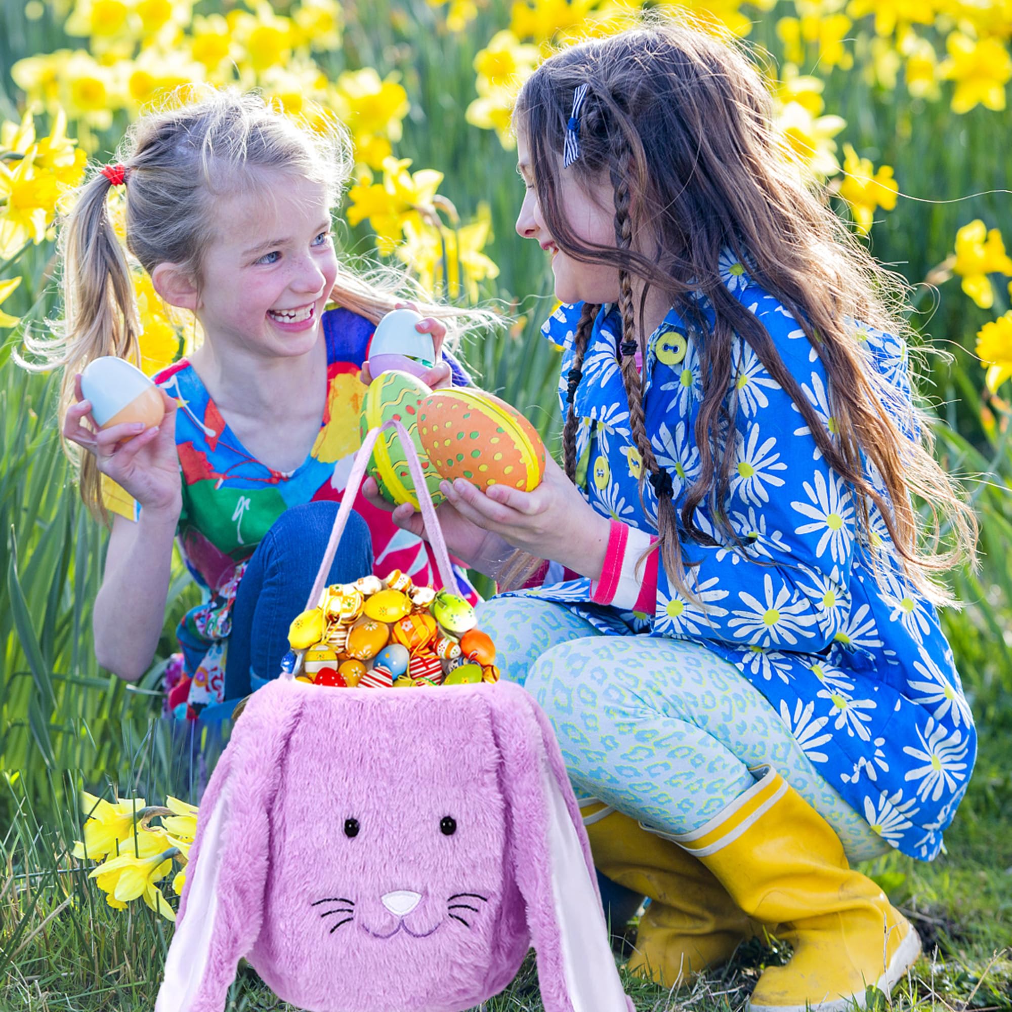 Plush Easter Bunny Basket, Monogrammed Bunny Easter Buckets with Long Plush Ear, Egg Hunting Easter Gift Bags Easter Tote Bags for Easter Decorations